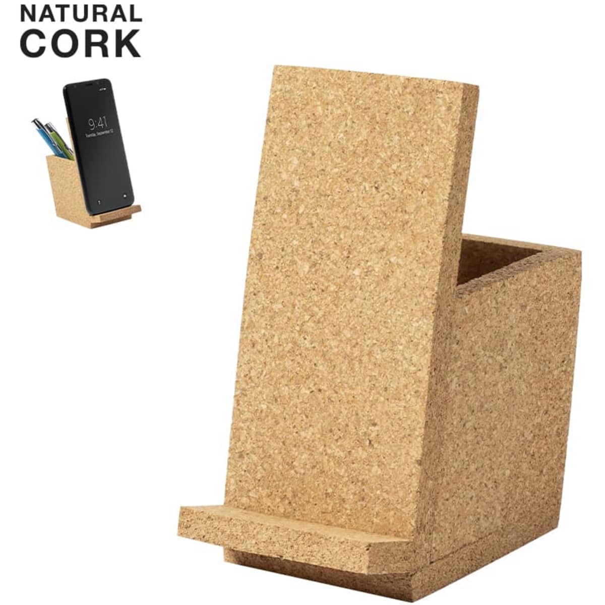 A natural cork pencil holder with a slanted design, featuring a space for pens and a slot for a smartphone.
