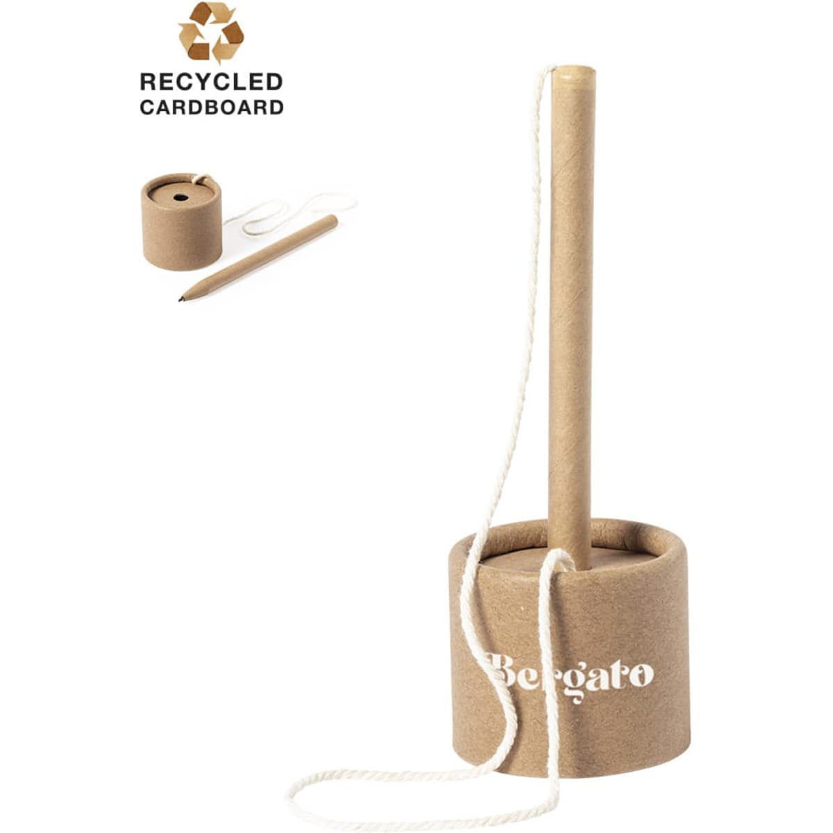 A recycled cardboard pen holder with a cylindrical base and a long pencil attached by a string.