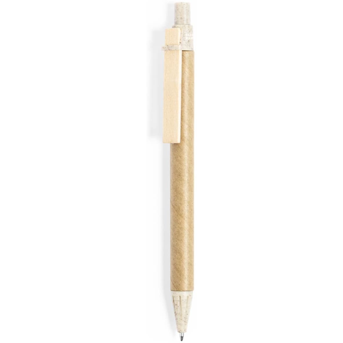 A pen with a natural brown wooden body and a silver clip, featuring a logo.