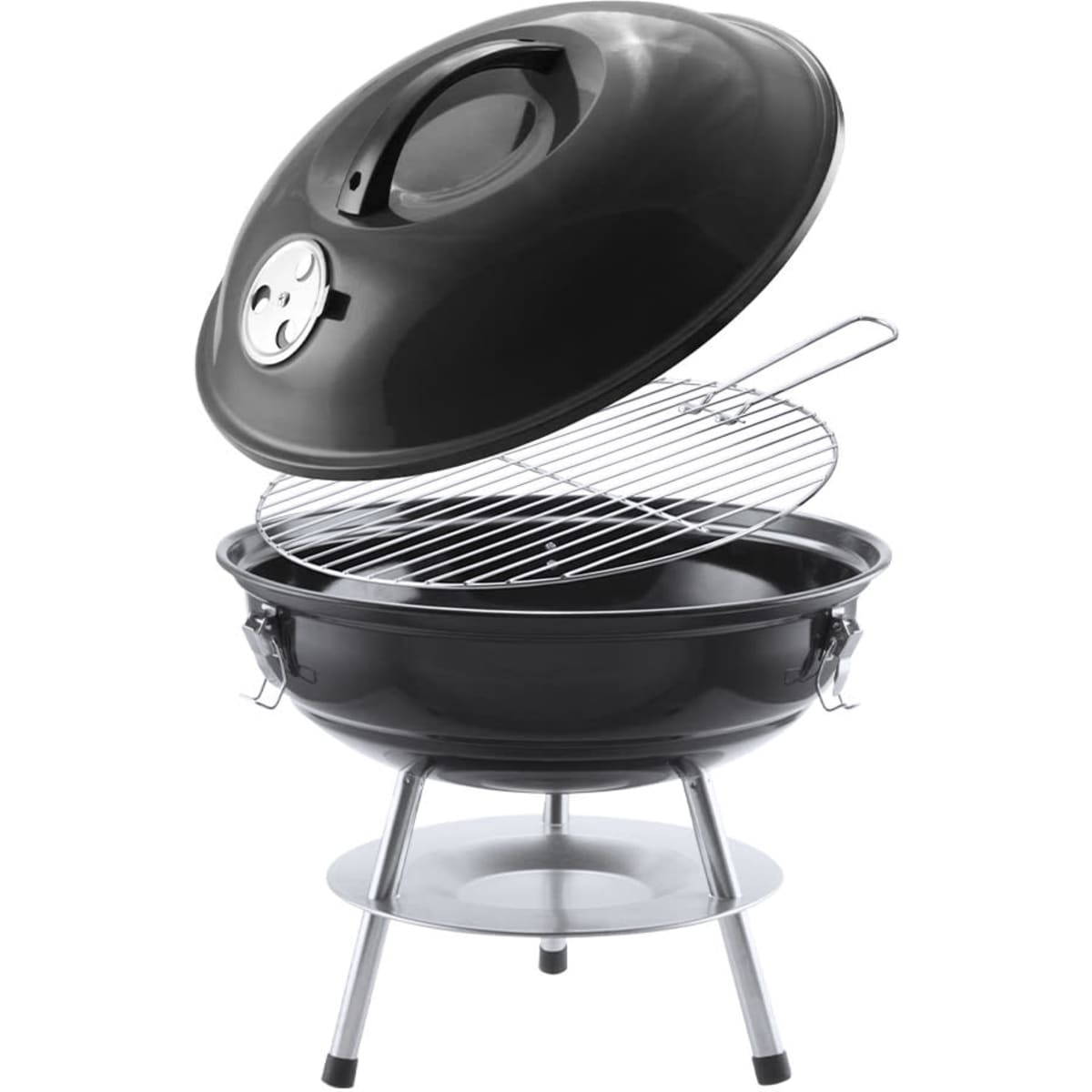 A black barbecue grill featuring a domed lid and a removable cooking grate, set on a silver three-legged stand.