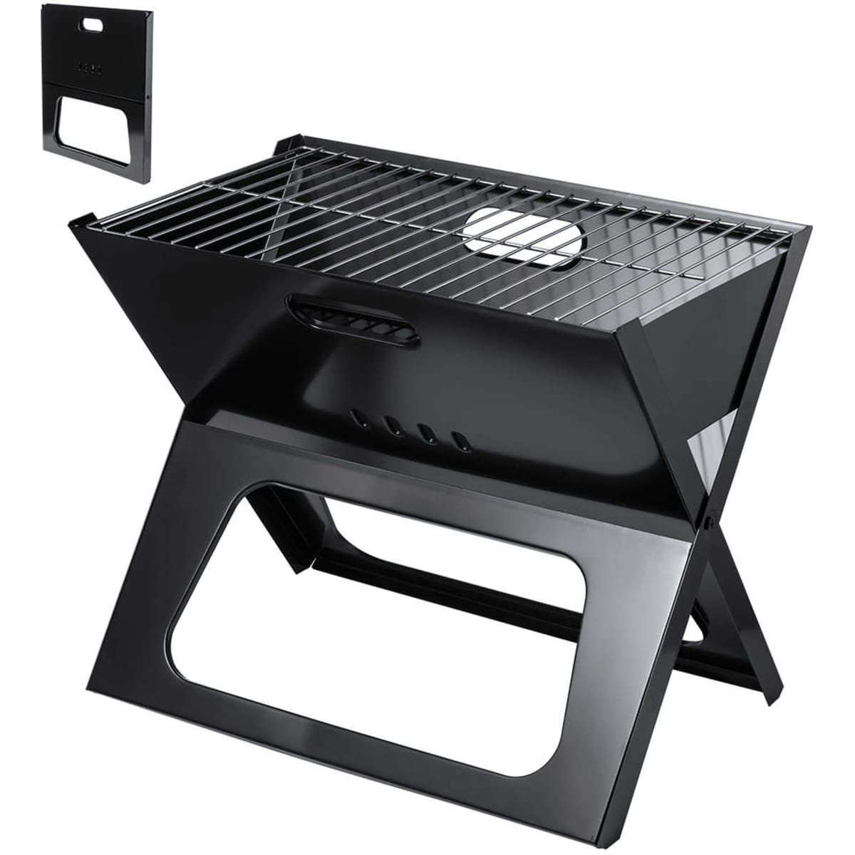 A black portable barbecue grill with a grate, featuring a foldable design for easy storage and transport.