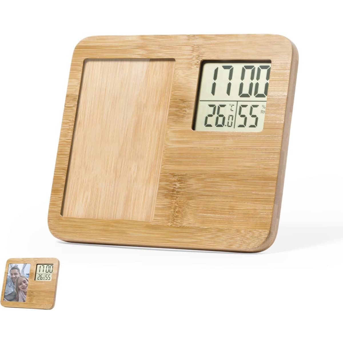 A bamboo photo frame with a digital clock display, featuring a rectangular design in natural wood tones.