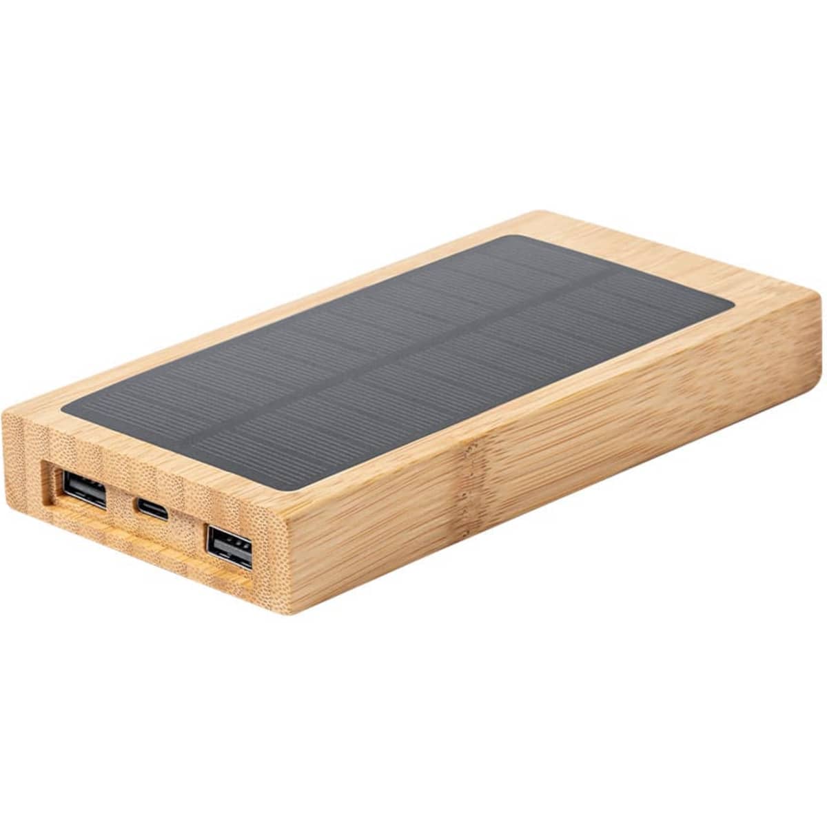 A wooden power bank in a rectangular shape, featuring a textured surface and multiple USB ports.
