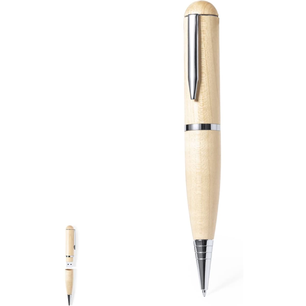 A wooden pen with a natural finish and silver accents, featuring a sleek, elongated design.