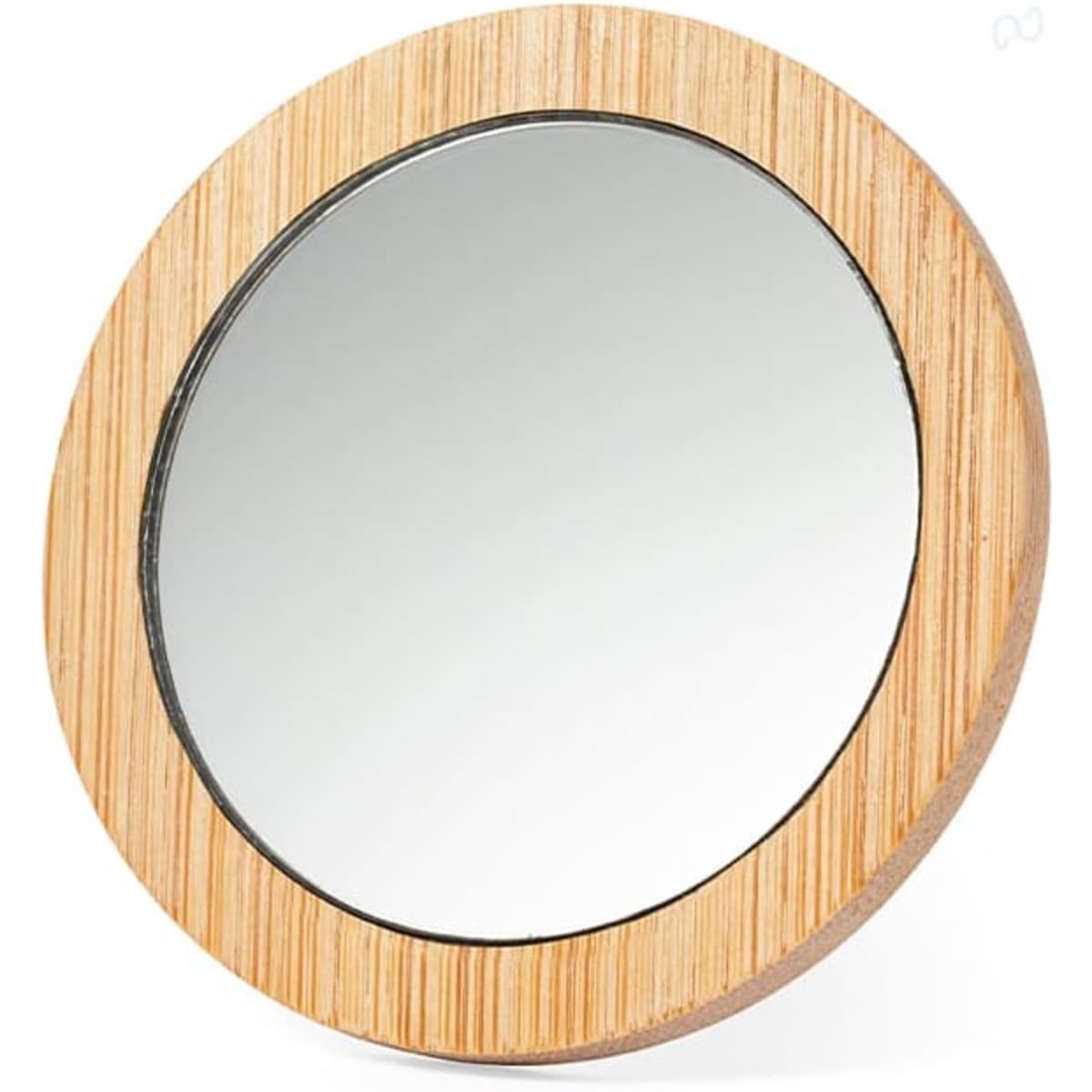 A round mirror with a bamboo frame, featuring a reflective silver surface.