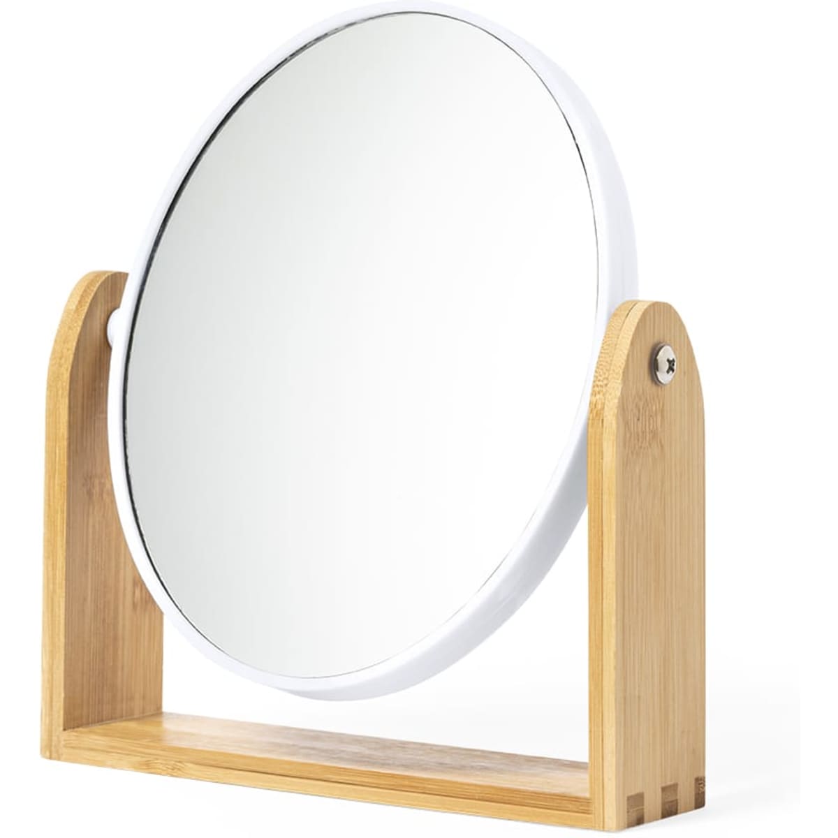 A round mirror with a white frame and a bamboo stand, designed for home decor.