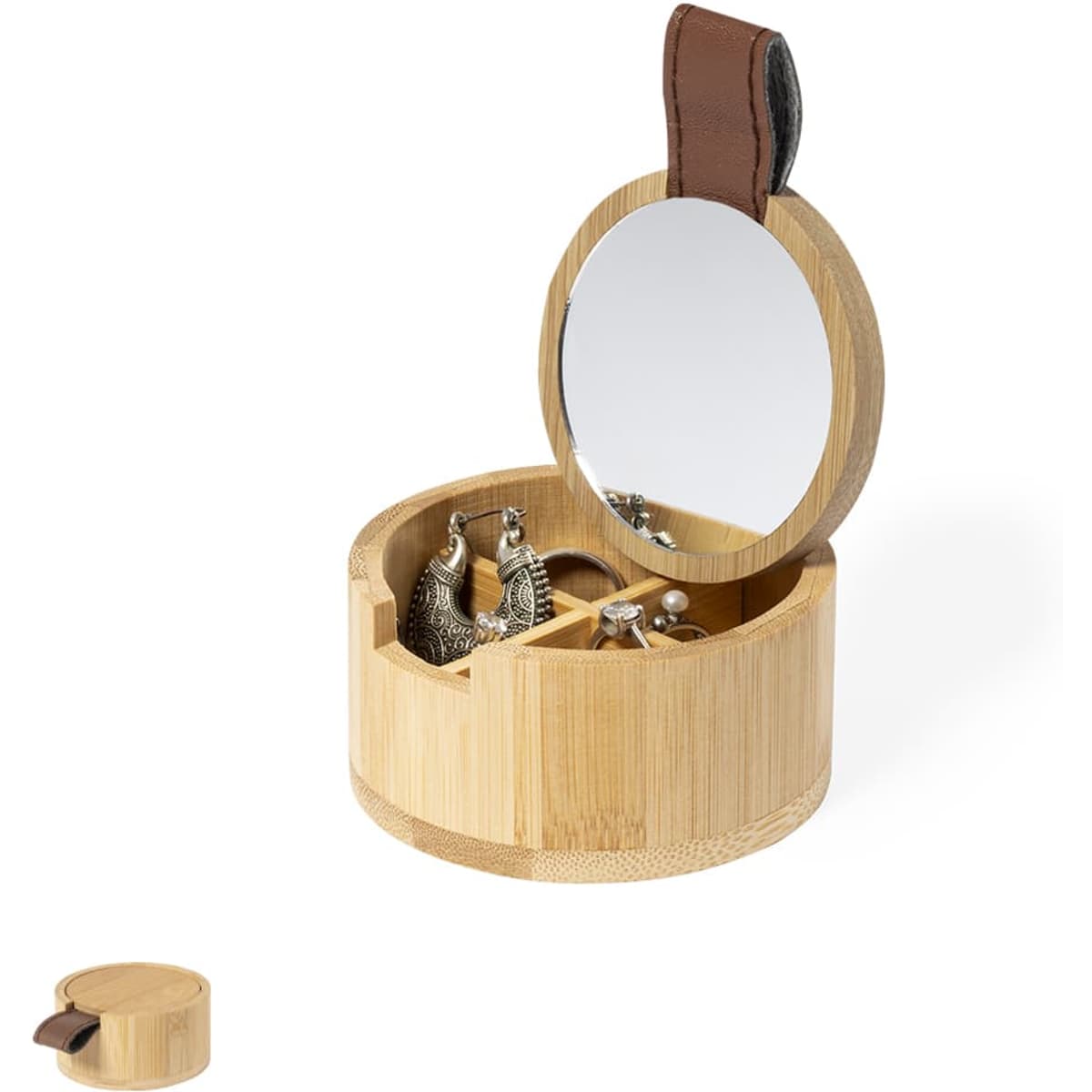 A round bamboo jewellery box with compartments and a mirror, featuring a leather handle on top.