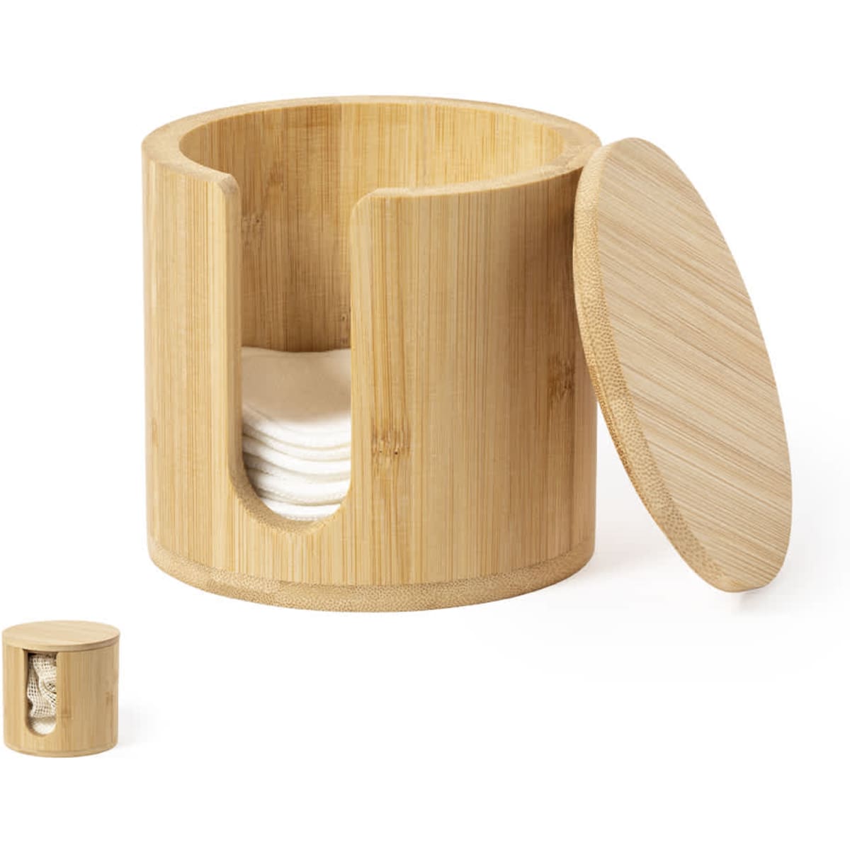 A bamboo container with a lid, featuring a cut-out design, holding cotton pads inside. Simple and natural aesthetics.