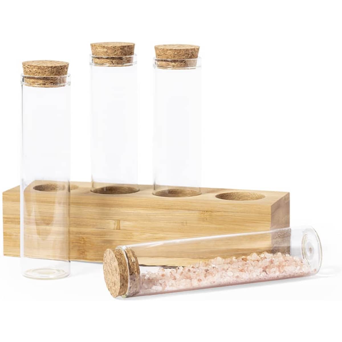 A set of clear glass test tubes with cork stoppers, displayed on a wooden holder.