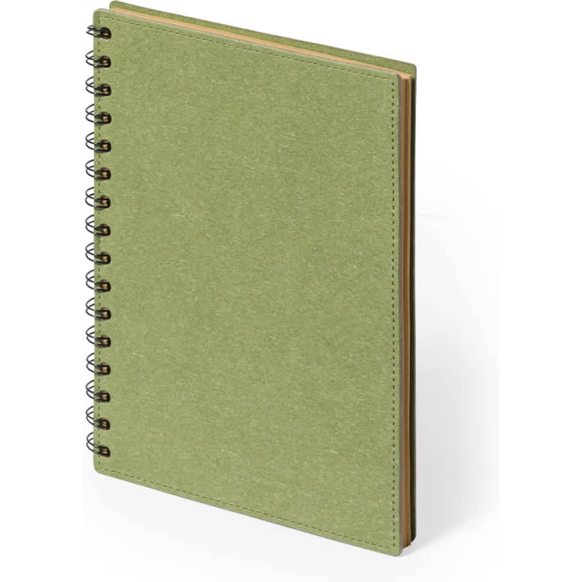 A green spiral-bound notebook with a textured cover and visible binding. It features blank pages.