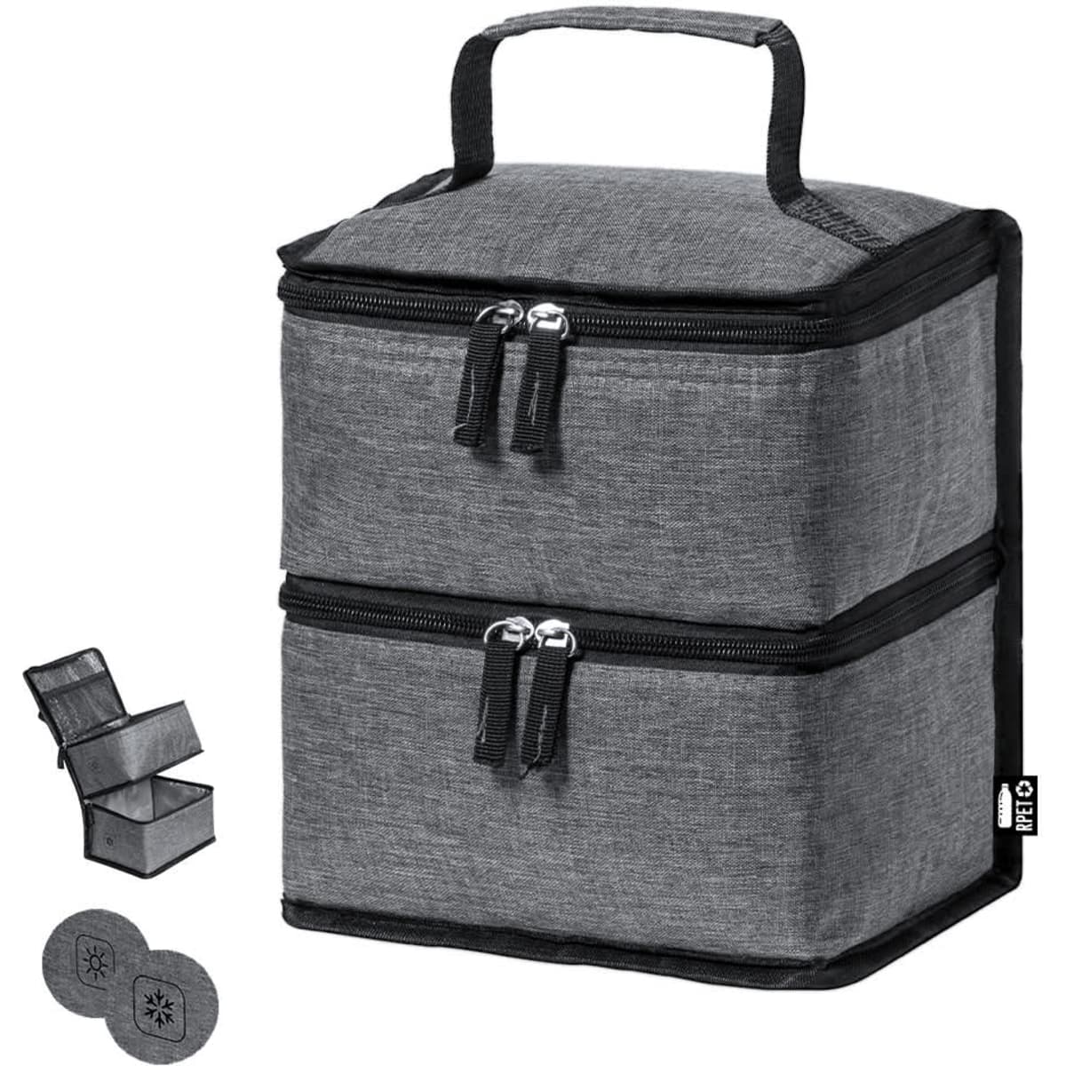 A grey cooler bag with two zippered compartments and a handle, accompanied by two round, grey coasters.