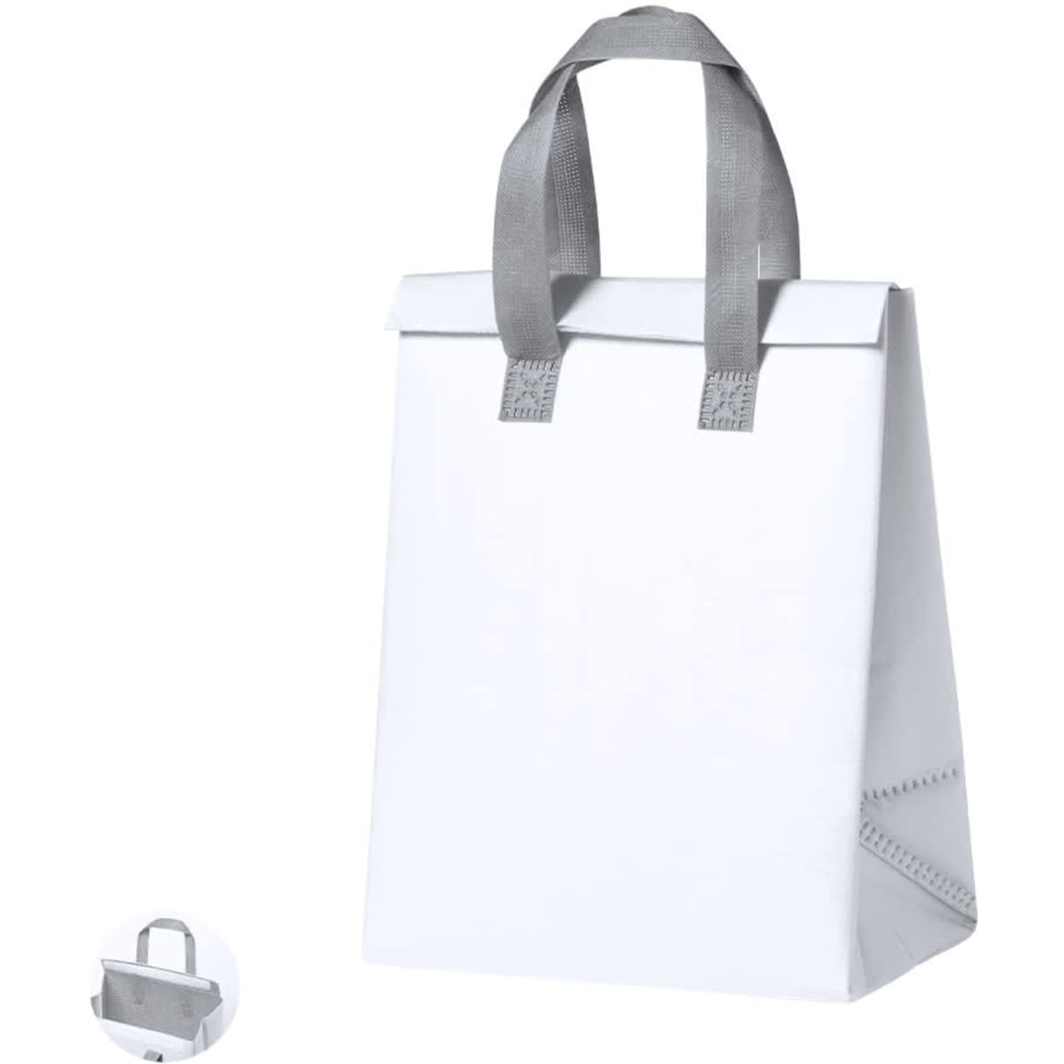 A white cooler bag with grey handles featuring a simple design and a logo.