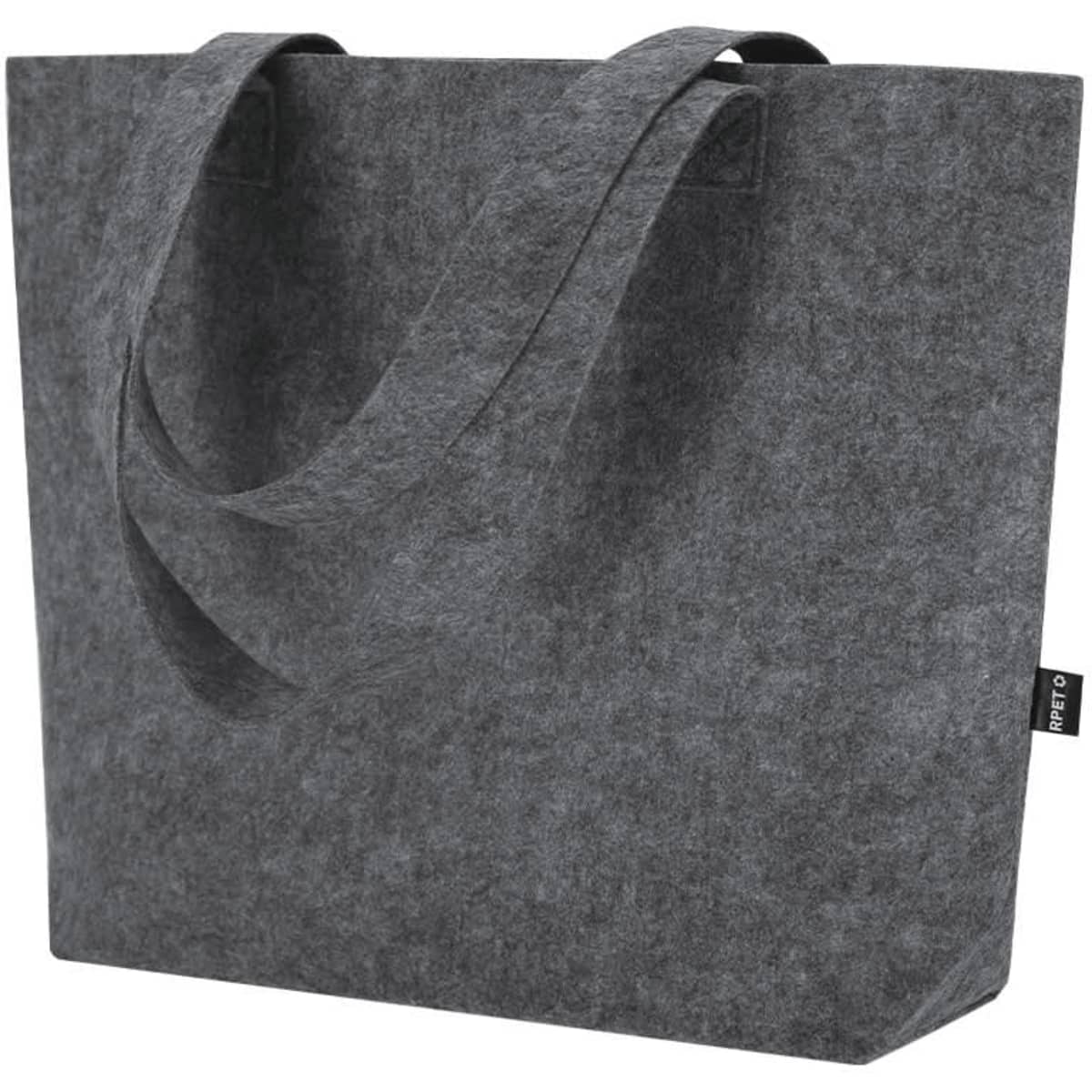 A grey tote bag with two handles and a minimalist design, featuring a small logo.