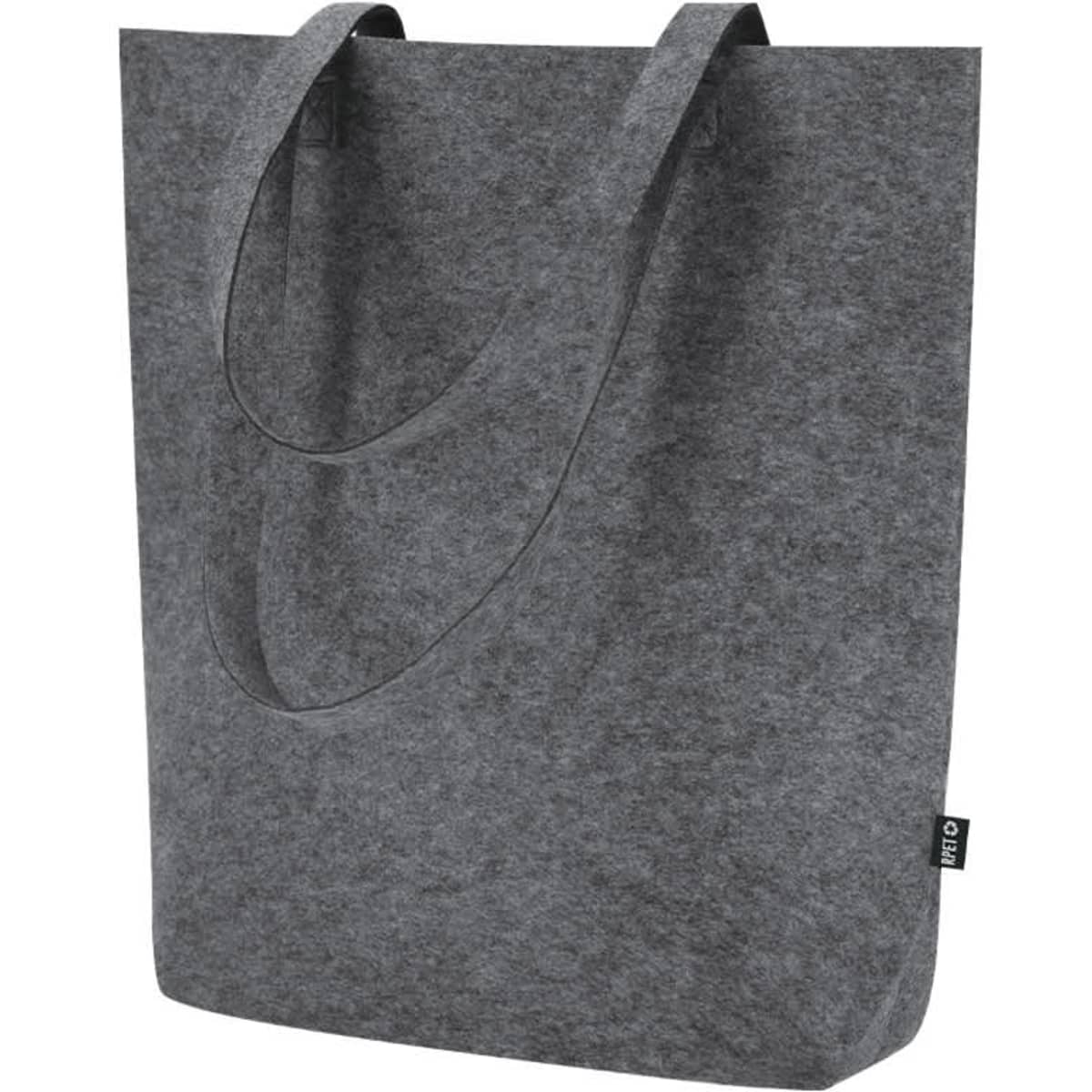 A grey tote bag featuring two shoulder straps and a logo on the side. Made from felt material.