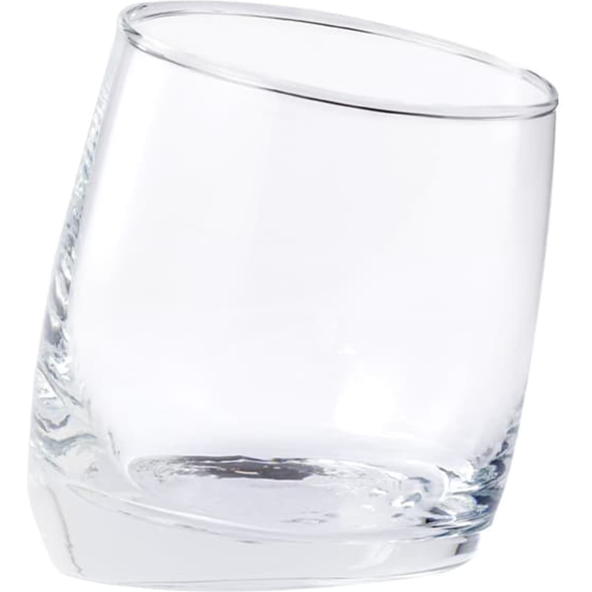 A glass tumbler with a tilted design, featuring a clear glass finish. It includes a branding logo.