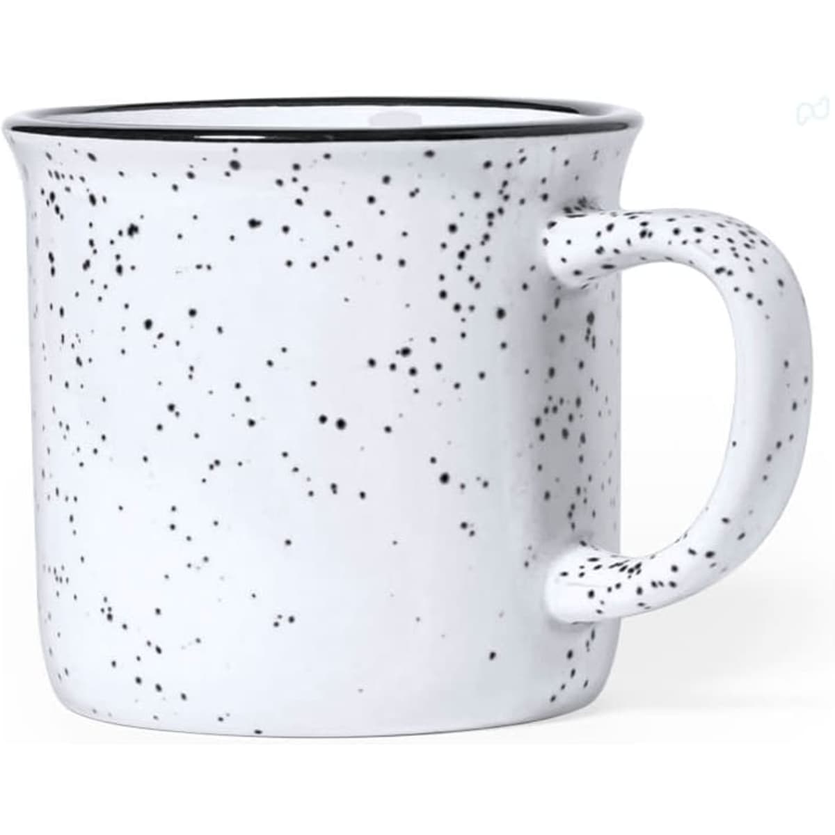A speckled white coffee mug with a round shape and a handle, featuring a contrasting black rim.