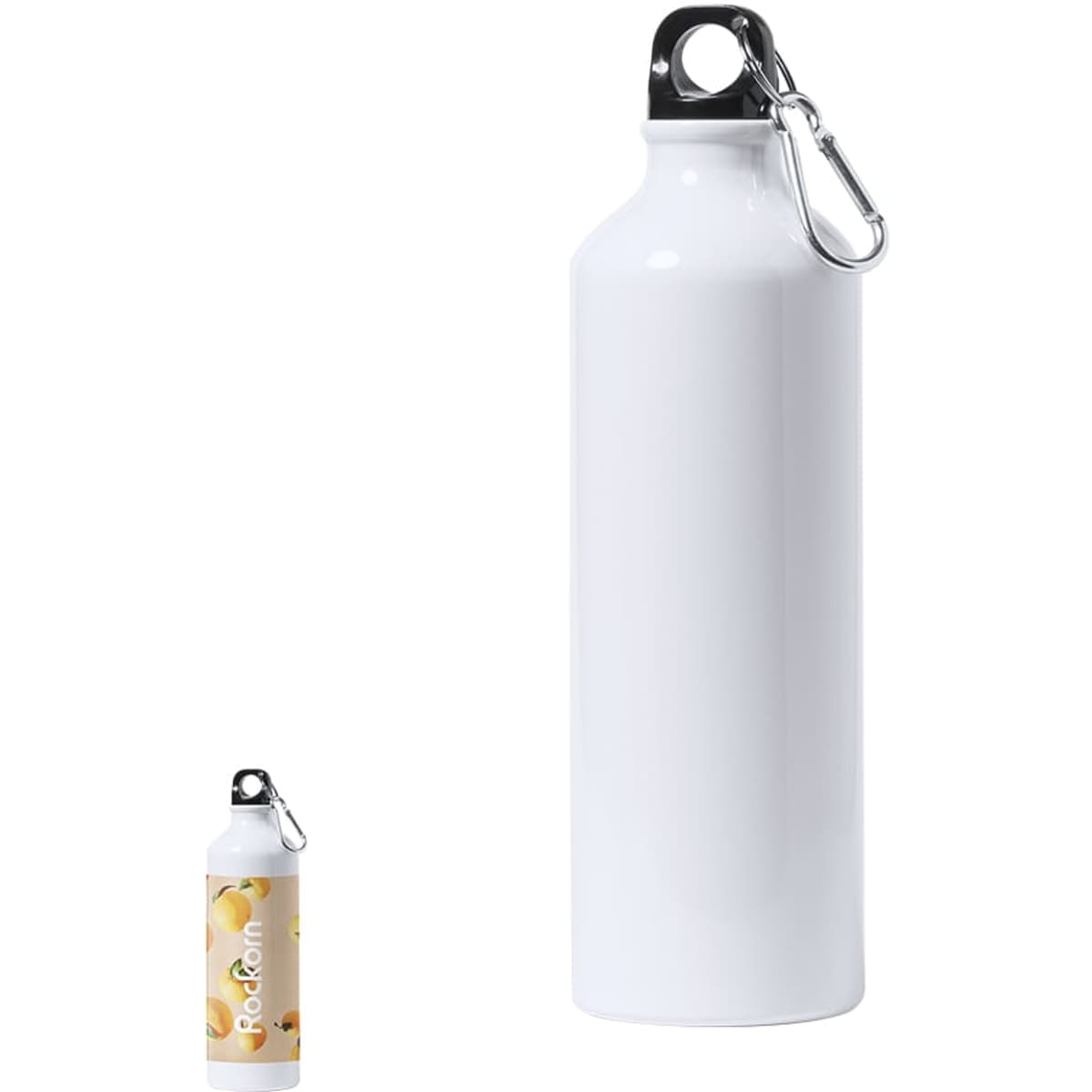 A drink bottle in white with a metal cap and a carabiner, featuring a smaller version with a patterned design.