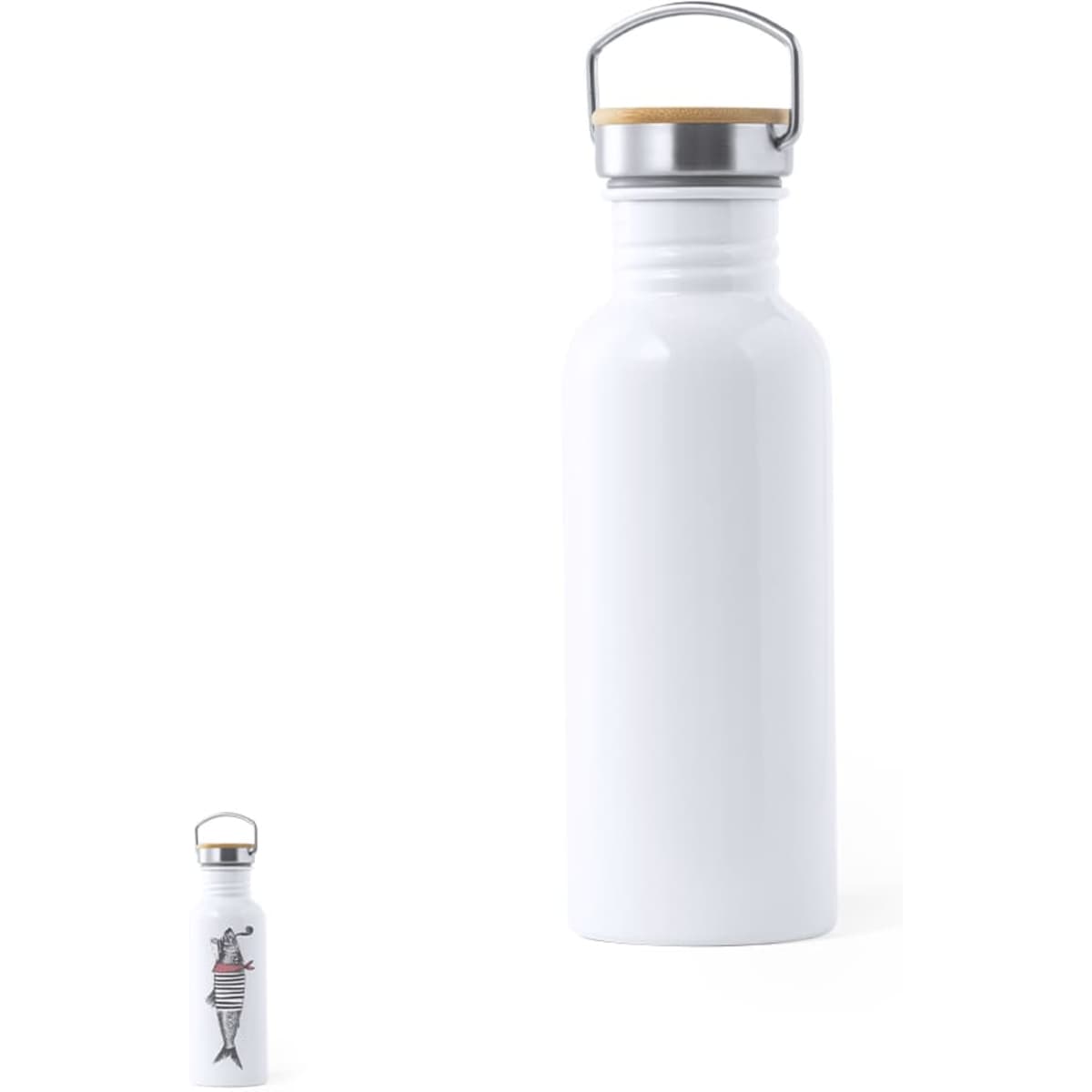 A drink bottle in white with a stainless steel cap and a design featuring a logo.