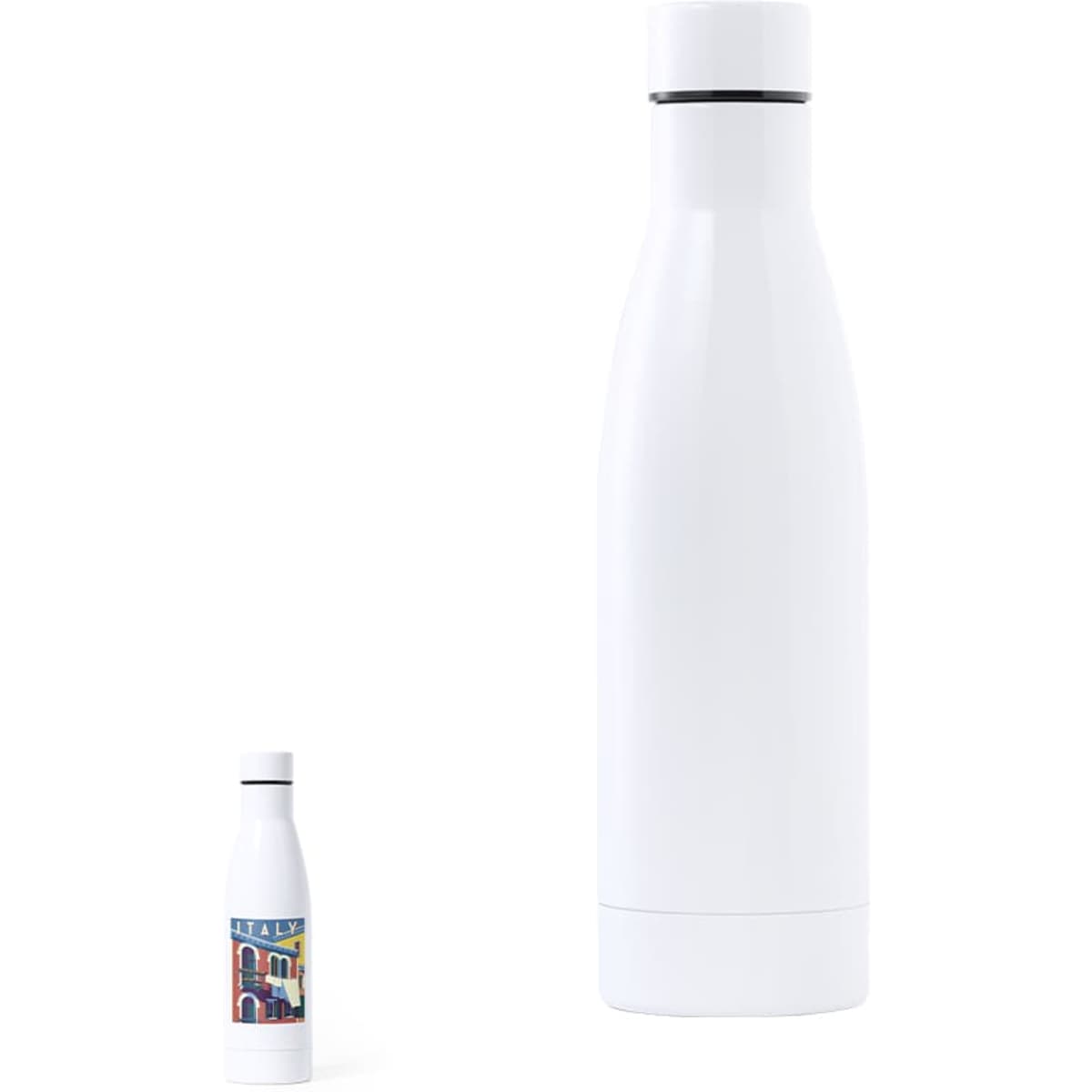 A drink bottle with a sleek white design, featuring a logo and another smaller bottle beside it for comparison.