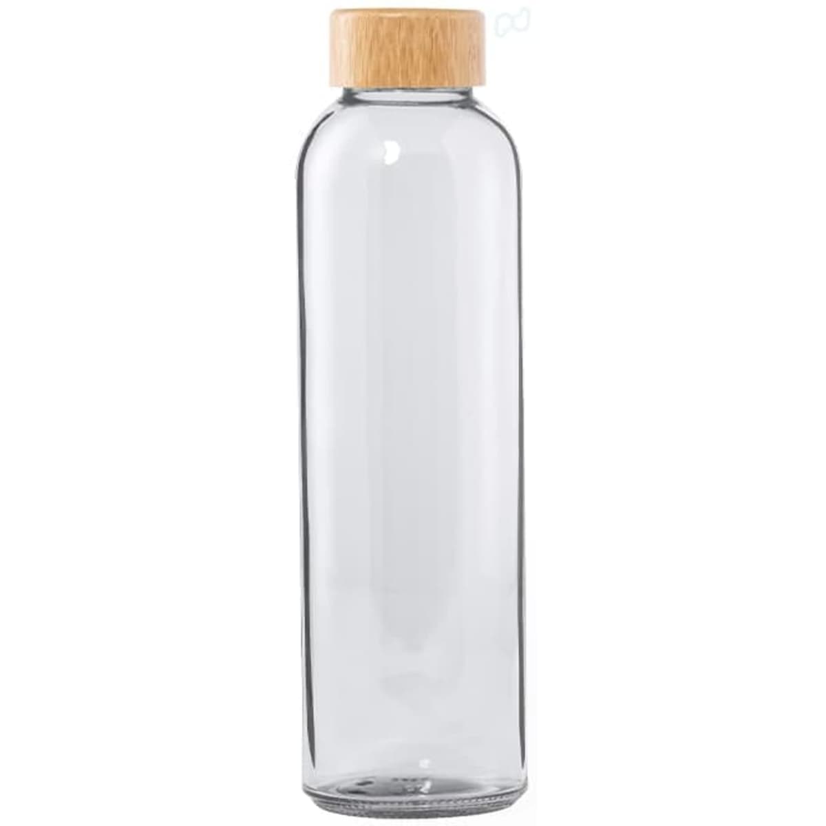 A clear glass drink bottle with a wooden lid, featuring a sleek, modern design and a minimalist aesthetic.