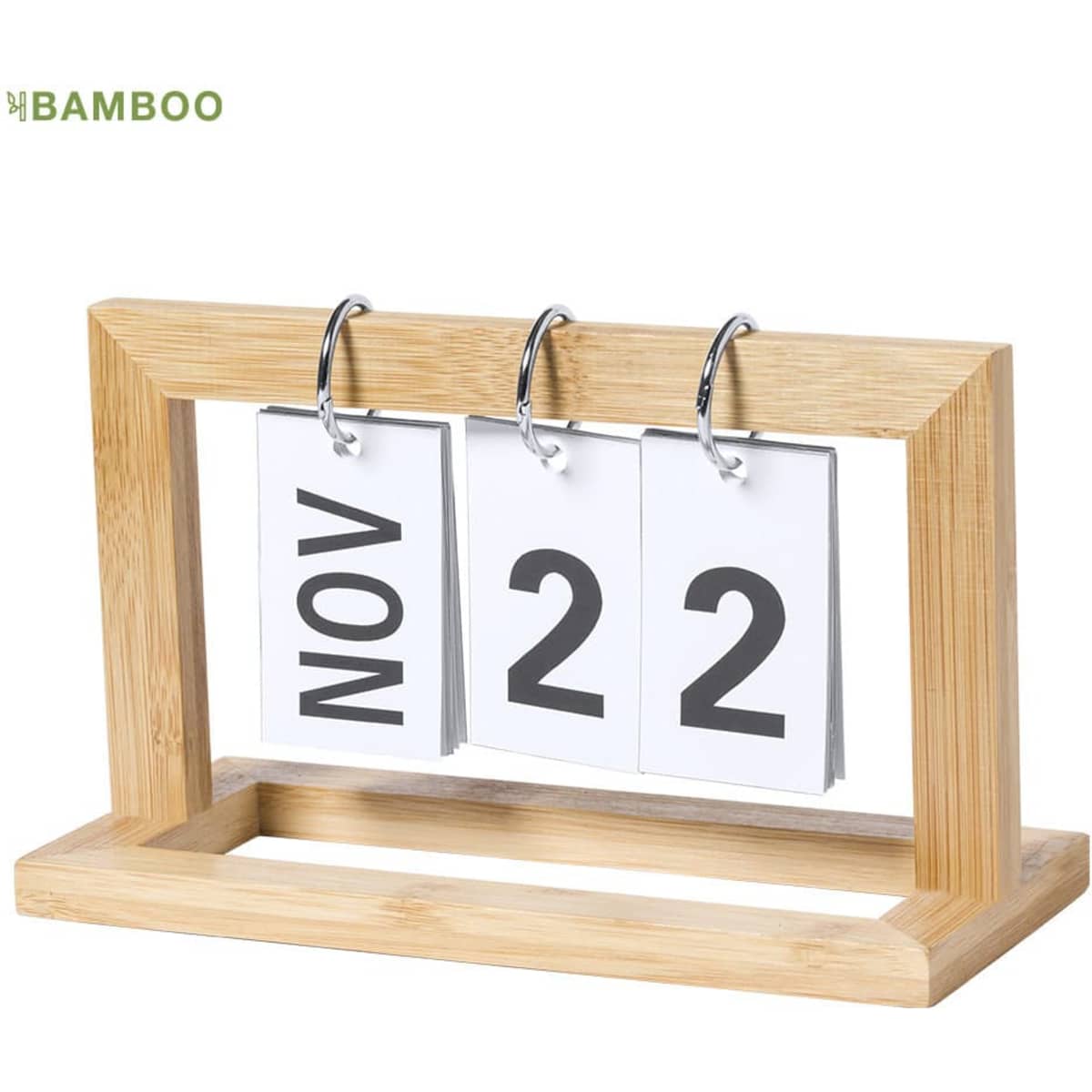 A wooden perpetual calendar with a bamboo stand, featuring white cards displaying the month and day in black.