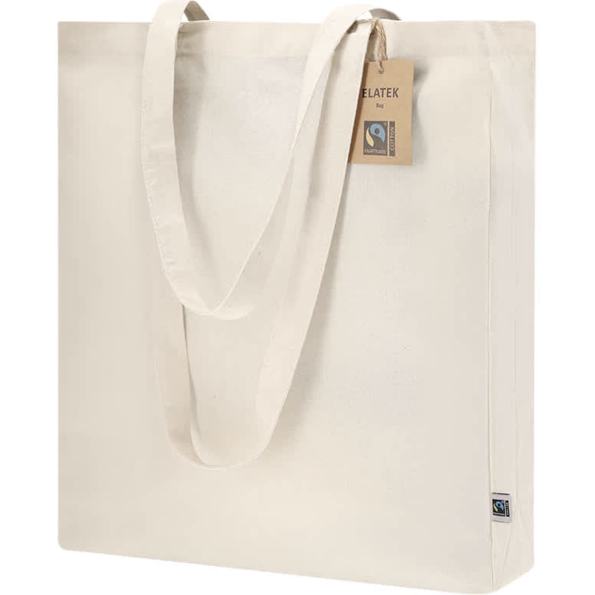 A cream-coloured tote bag with long handles and a small tag, featuring a logo.