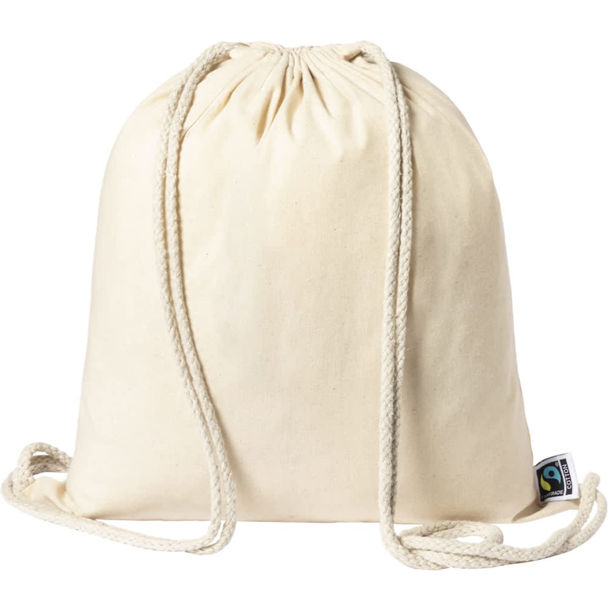 A cream-coloured drawstring bag with thick rope straps and a small logo tag.