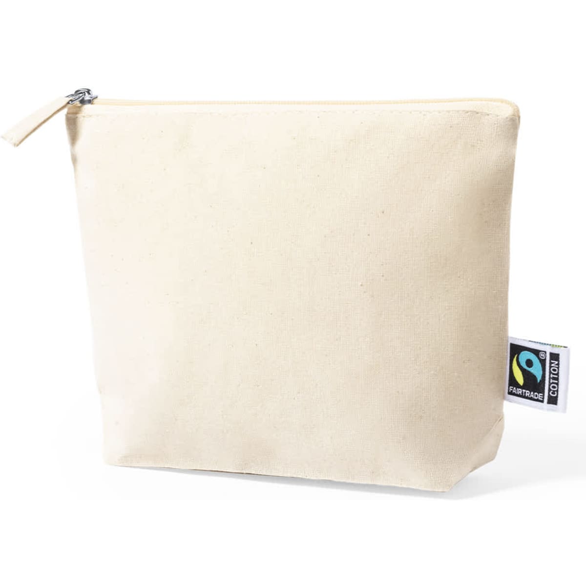 A beige toiletry bag made of fabric, featuring a zip closure and a small logo tag.