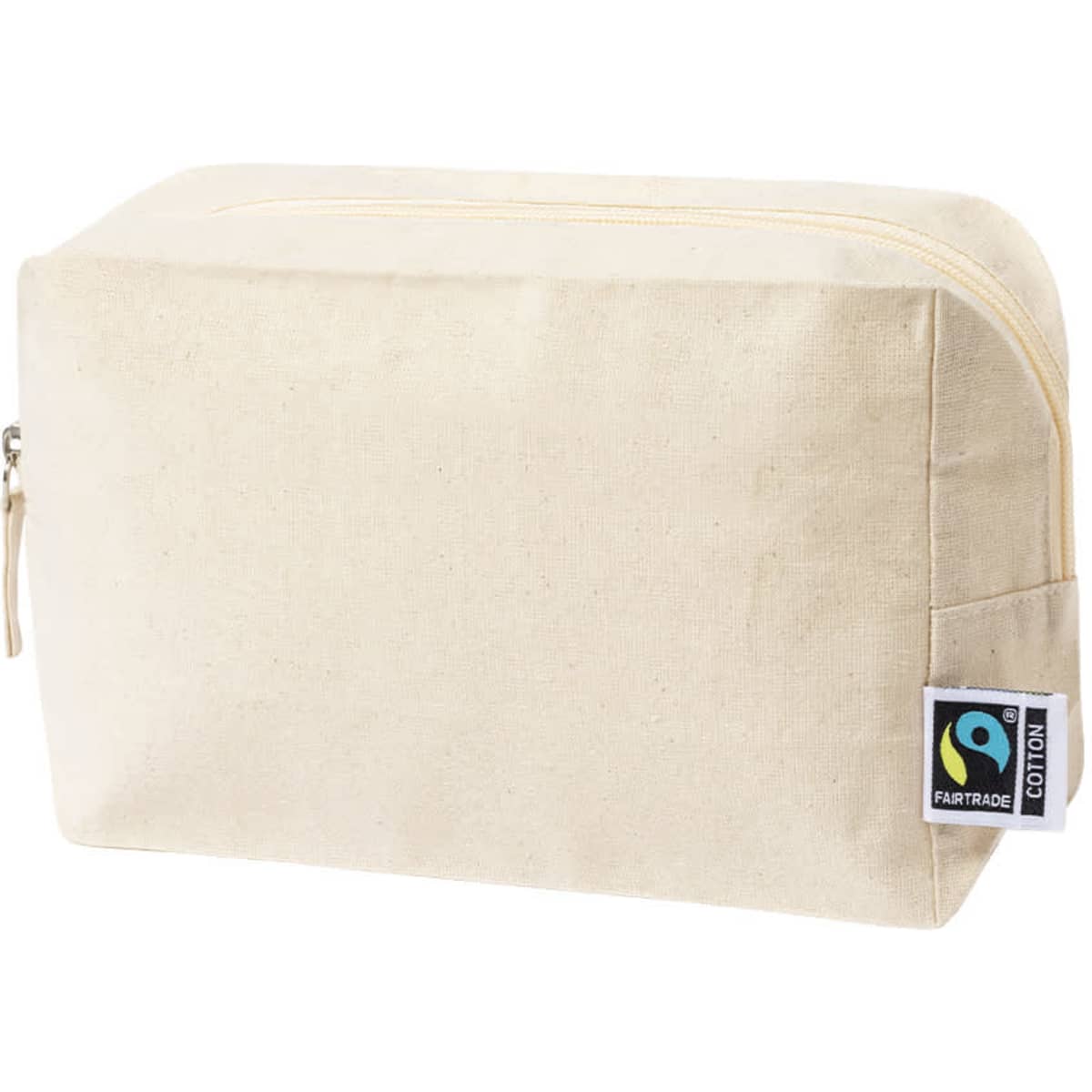 A beige toiletry bag made of cotton, featuring a zip closure and a Fairtrade label.