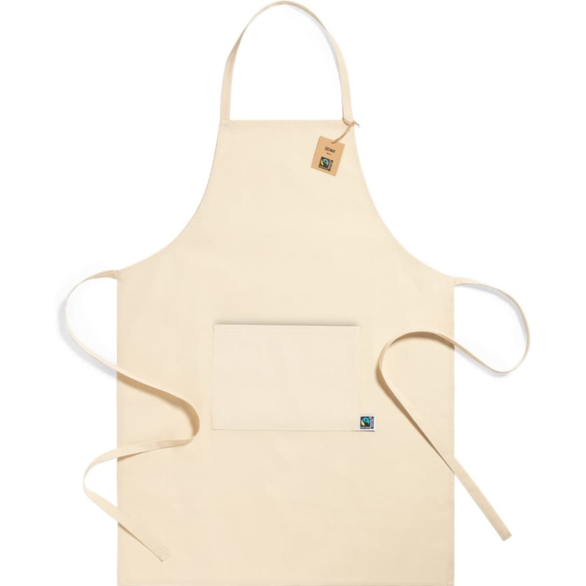 A cream-coloured Fairtrade apron with a front pocket and a logo tag. It's designed for workwear use.