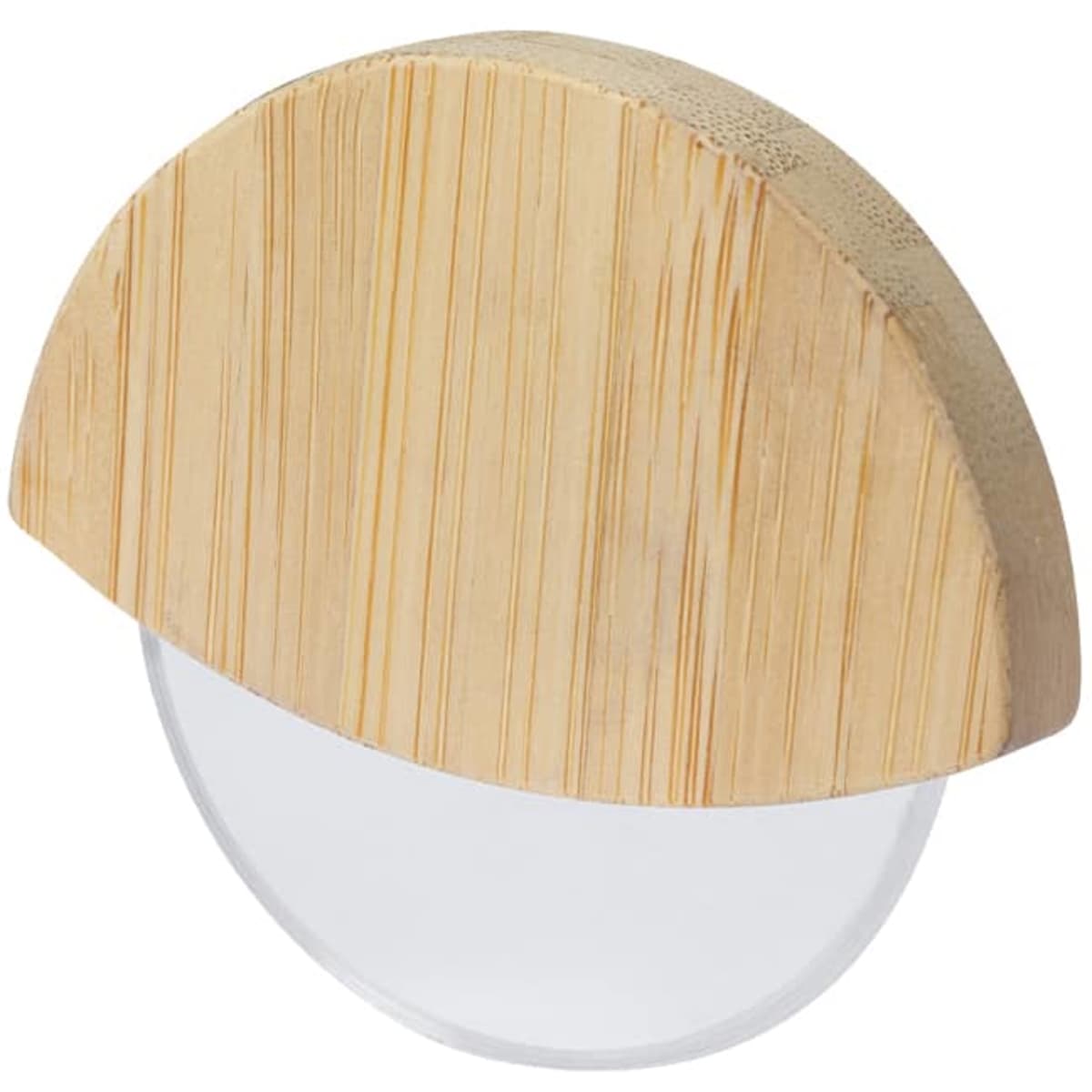 A decorative storage container with a bamboo lid and a clear glass base, featuring a modern, minimalist design.