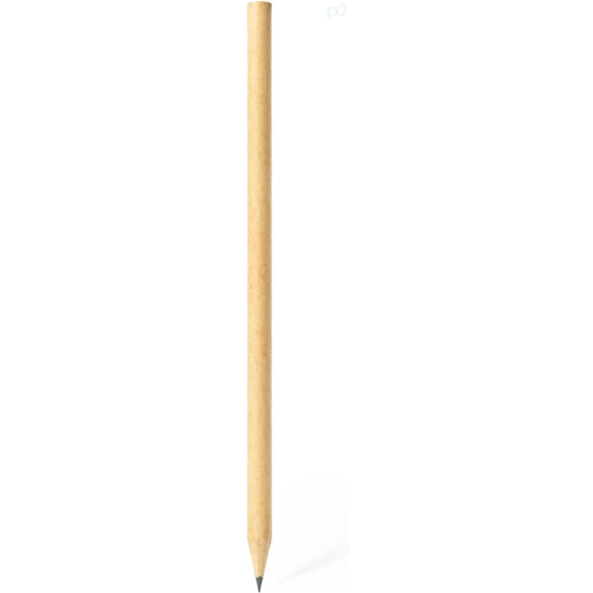 A grey-lead pencil with a natural wood finish and a sharpened tip, featuring a logo.