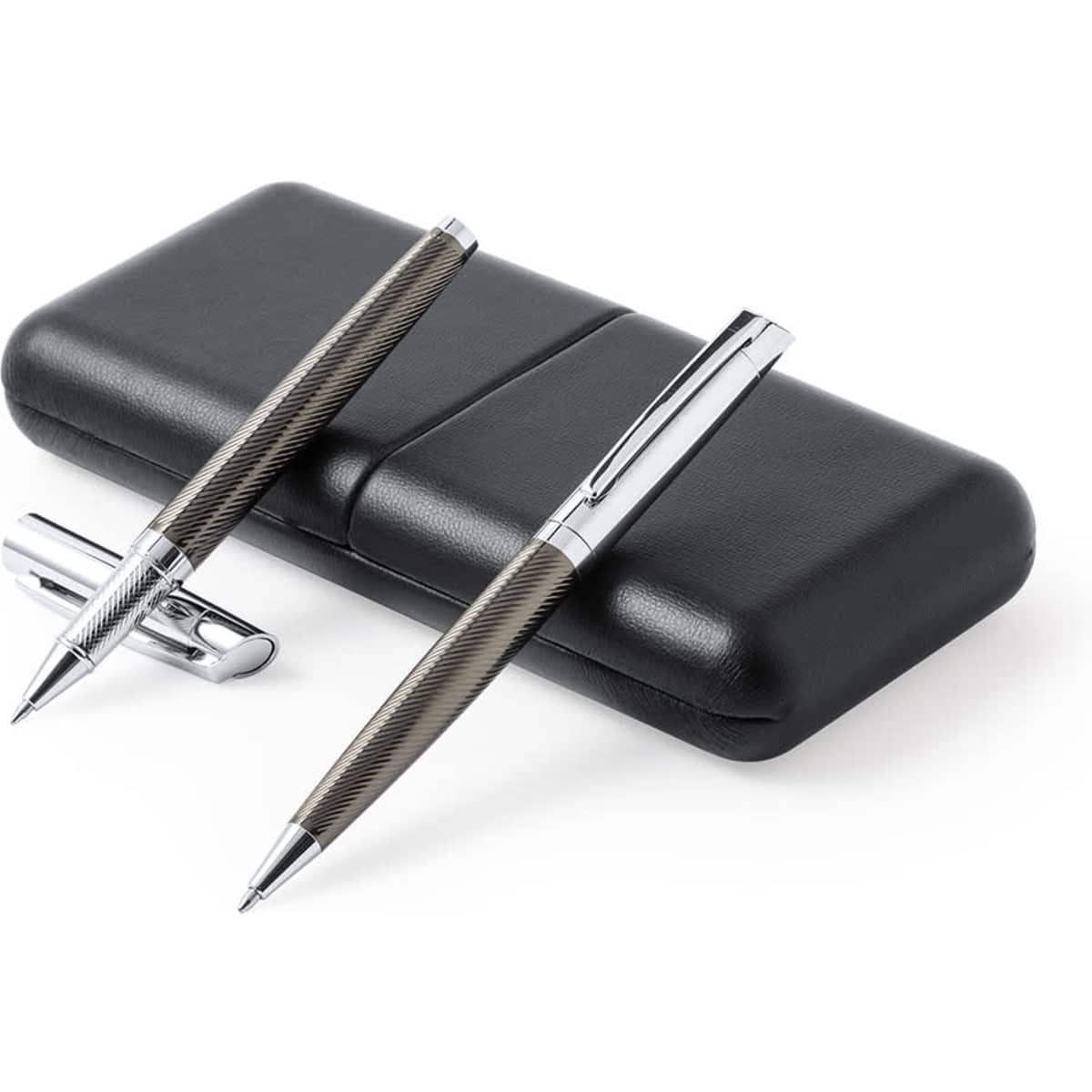A metal pen gift set featuring two pens with a sleek design, housed in a black case.