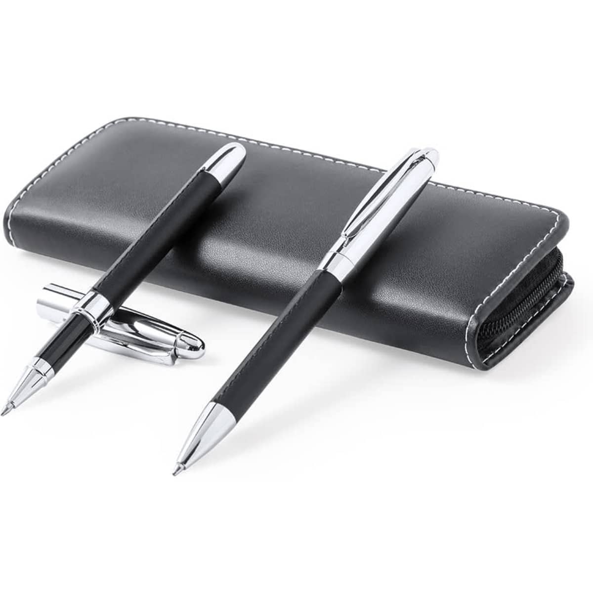 A black pen set with two pens and a sleek leather case featuring a logo.