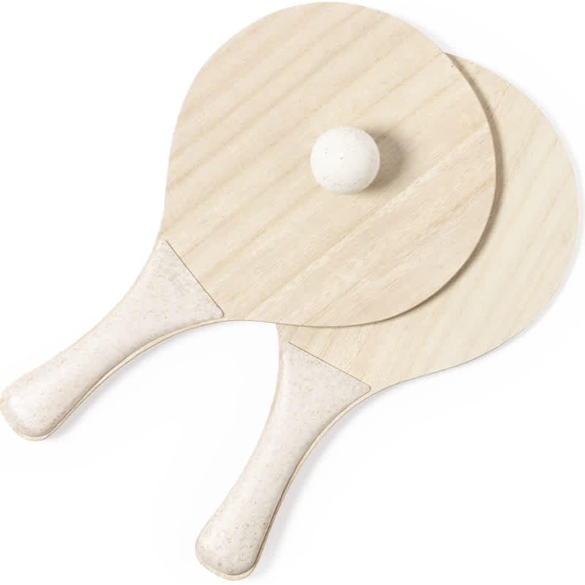 Two wooden beach rackets with smooth handles and a small ball, showcasing a natural wood finish.