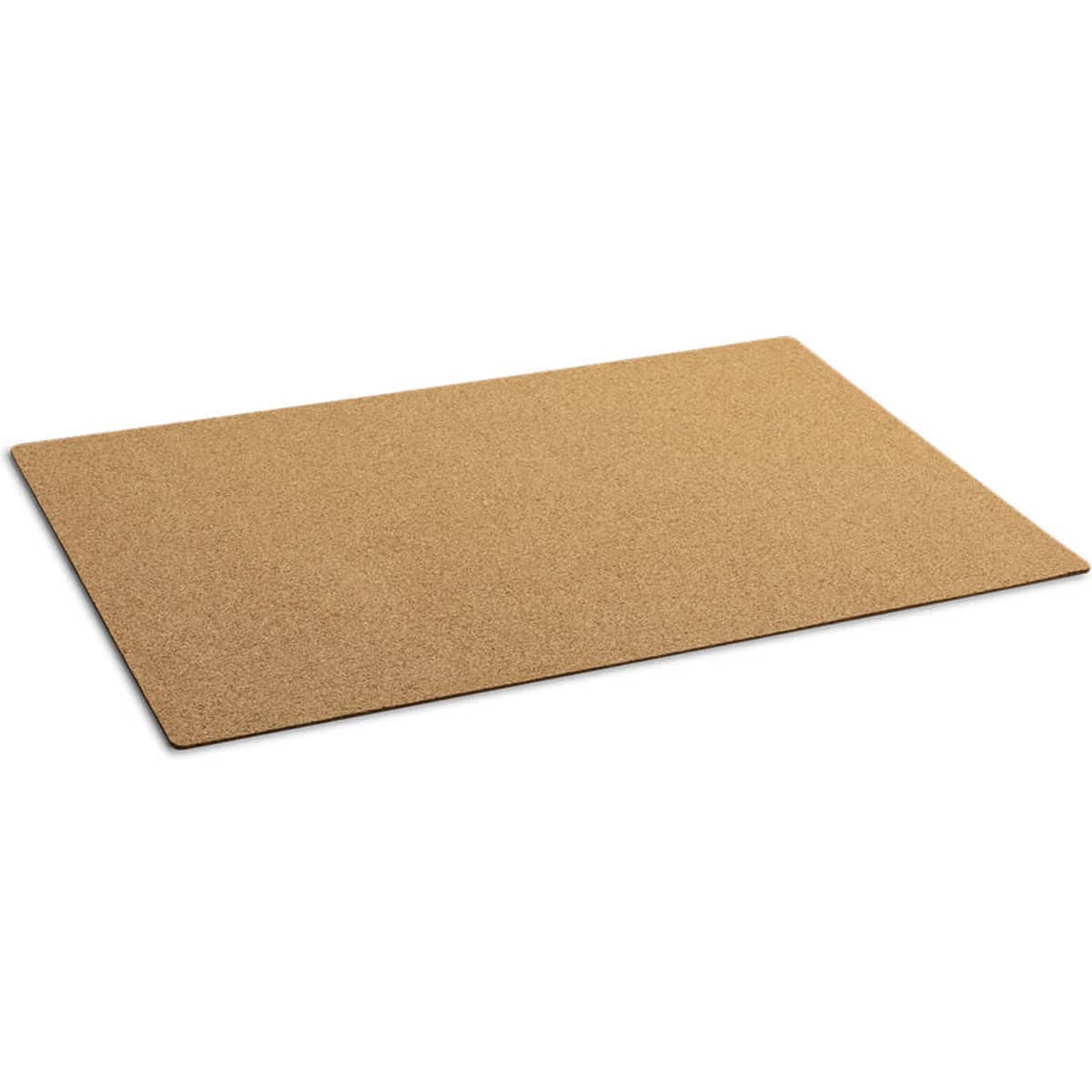 A cork counter mat with a simple, natural brown finish, featuring a branding logo at one corner.