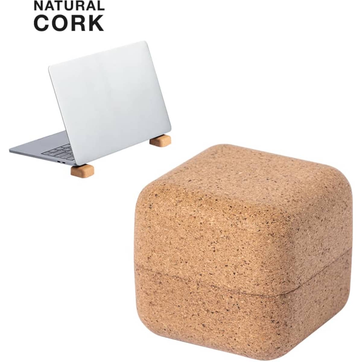 A natural cork phone holder with a square design, next to a silver laptop on wooden stands.