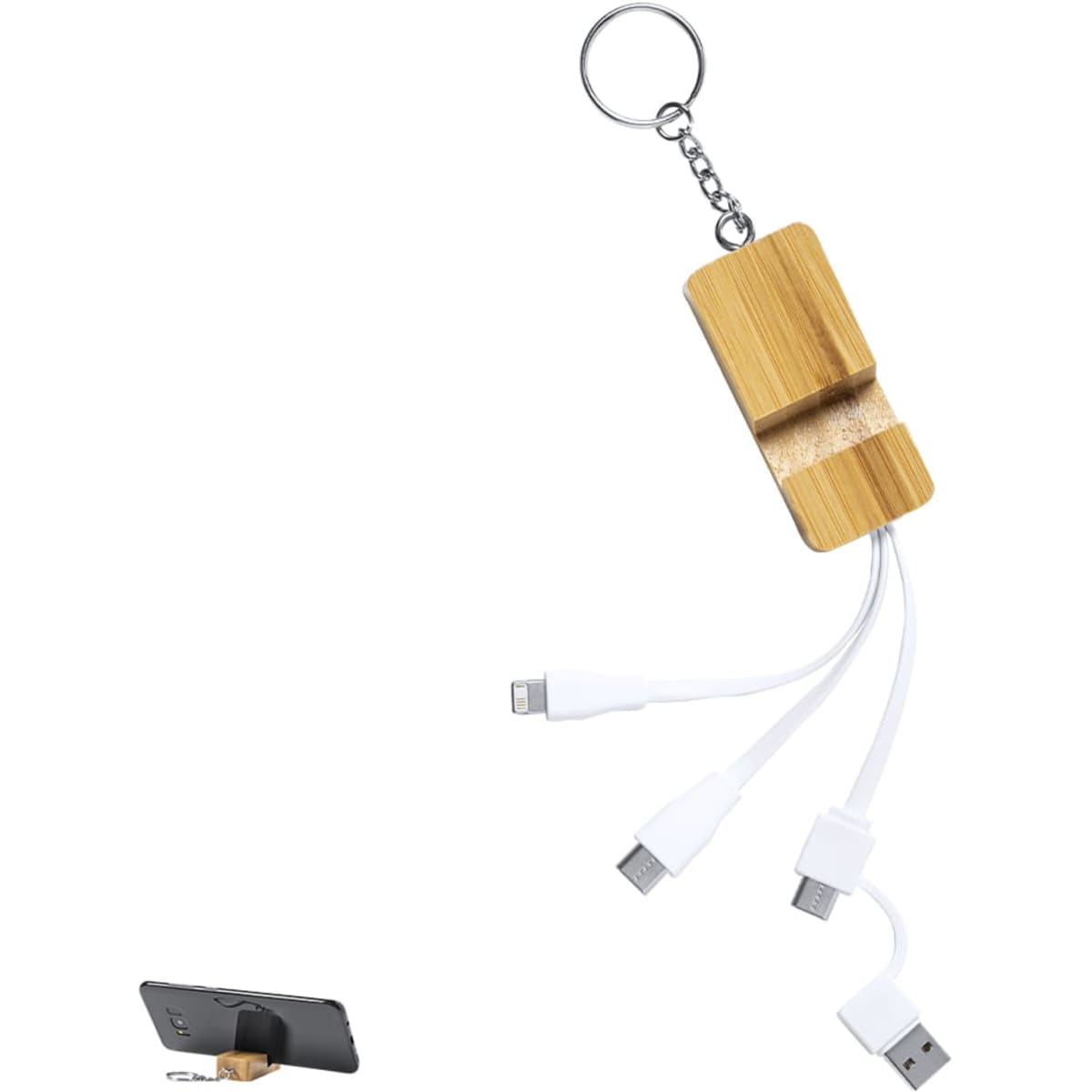 A bamboo keychain featuring three white charging cables attached, designed for convenient phone charging.