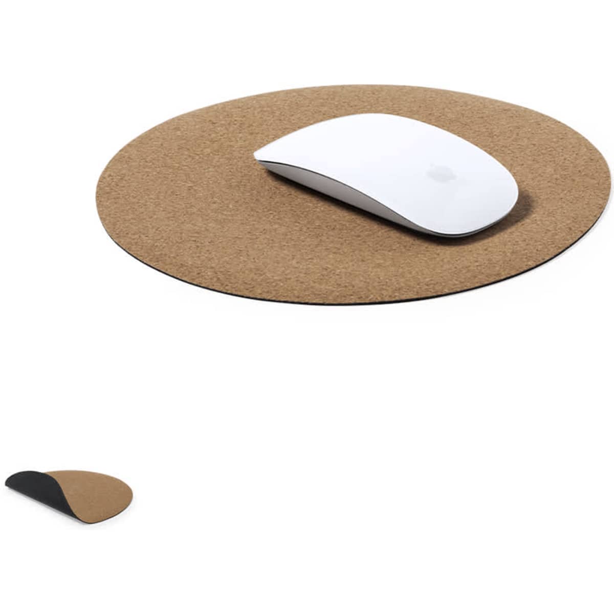 A round cork mouse pad in natural tones with a white mouse on top. Features a simple design and a branding logo.