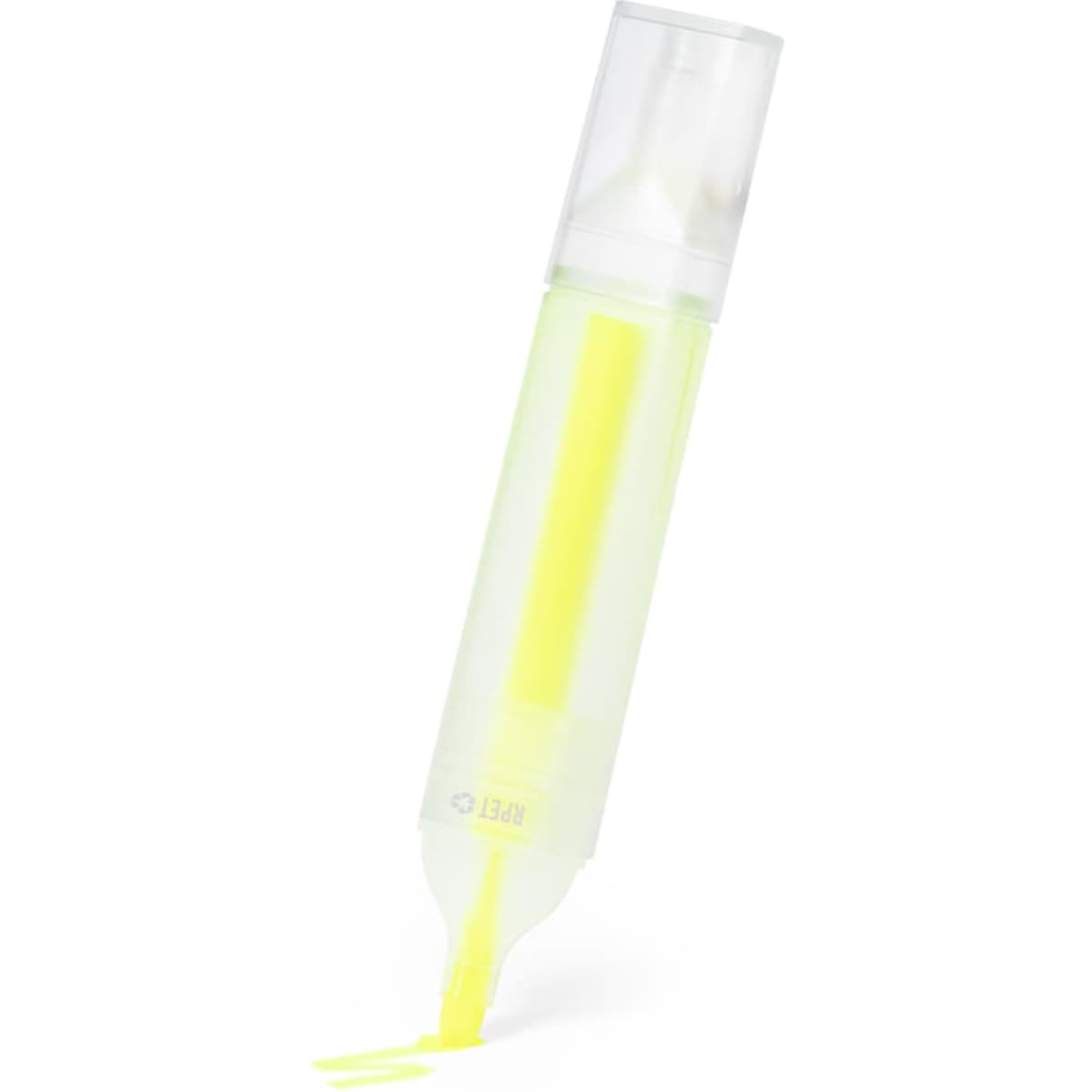 A highlighter in a clear body with a bright yellow tip and a cap. The product features a logo.