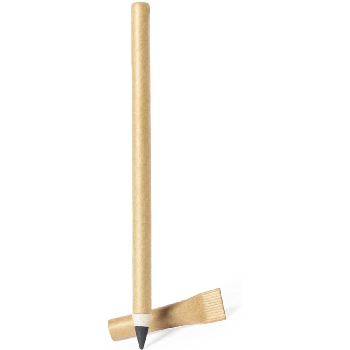 A grey-lead pencil with a brown wrapped body and a sharpened tip, resting against a cut end of the same pencil.