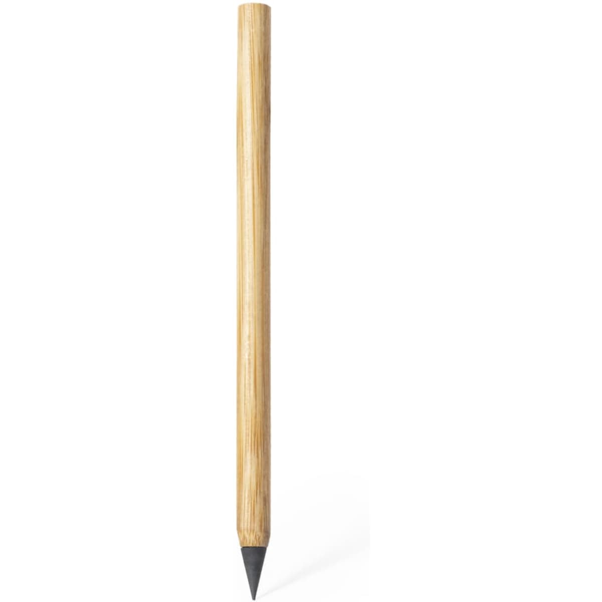 A grey-lead pencil with a natural wood finish and a sharpened tip. The pencil has a logo on it.