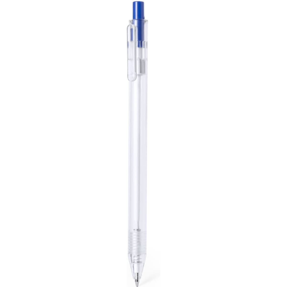 A transparent plastic pen with a blue cap and grip, featuring a silver metallic nib and a clip.