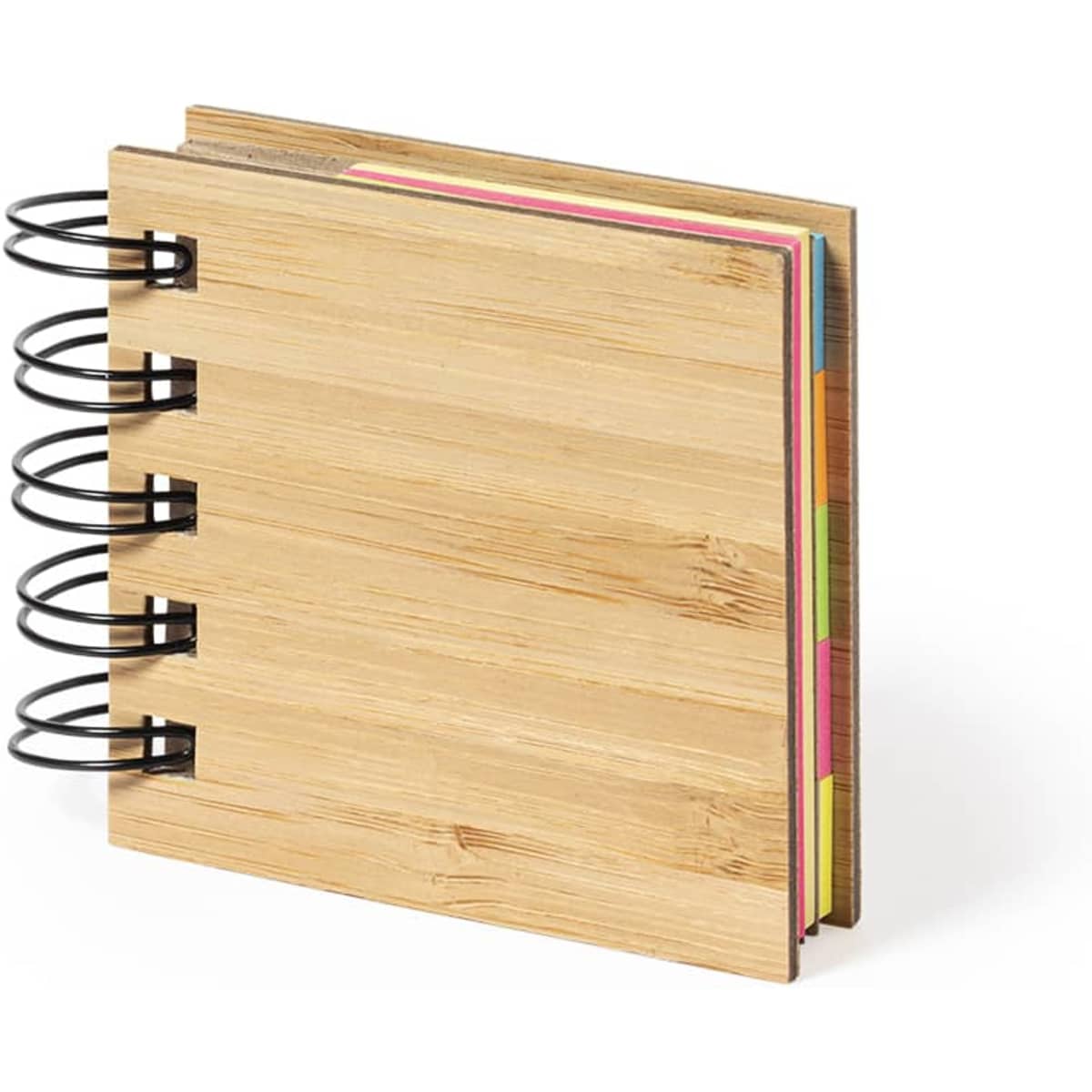 A wooden notebook with a spiral binding, featuring colourful sticky notes and flags inside.