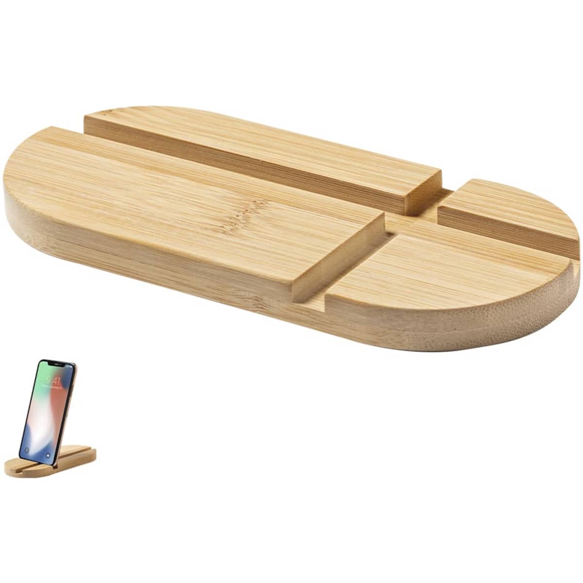 A wooden phone stand with a smooth bamboo finish, featuring grooves for placing and displaying devices.