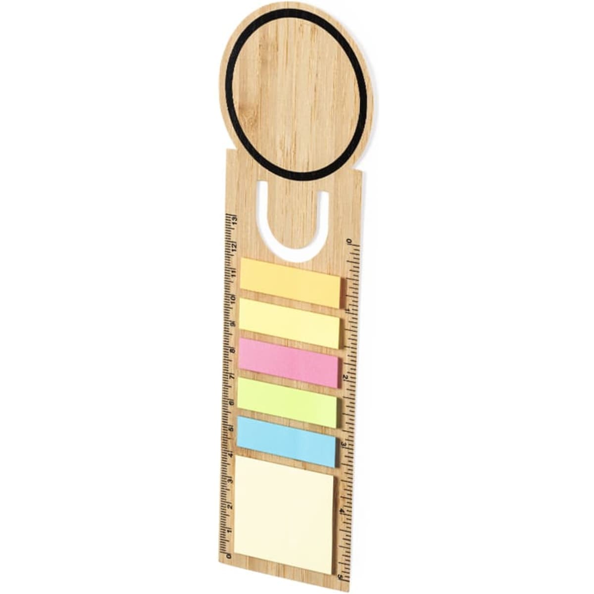 A bamboo ruler with an integrated holder for pastel sticky notes in yellow, pink, and blue, featuring a circular cut-out.