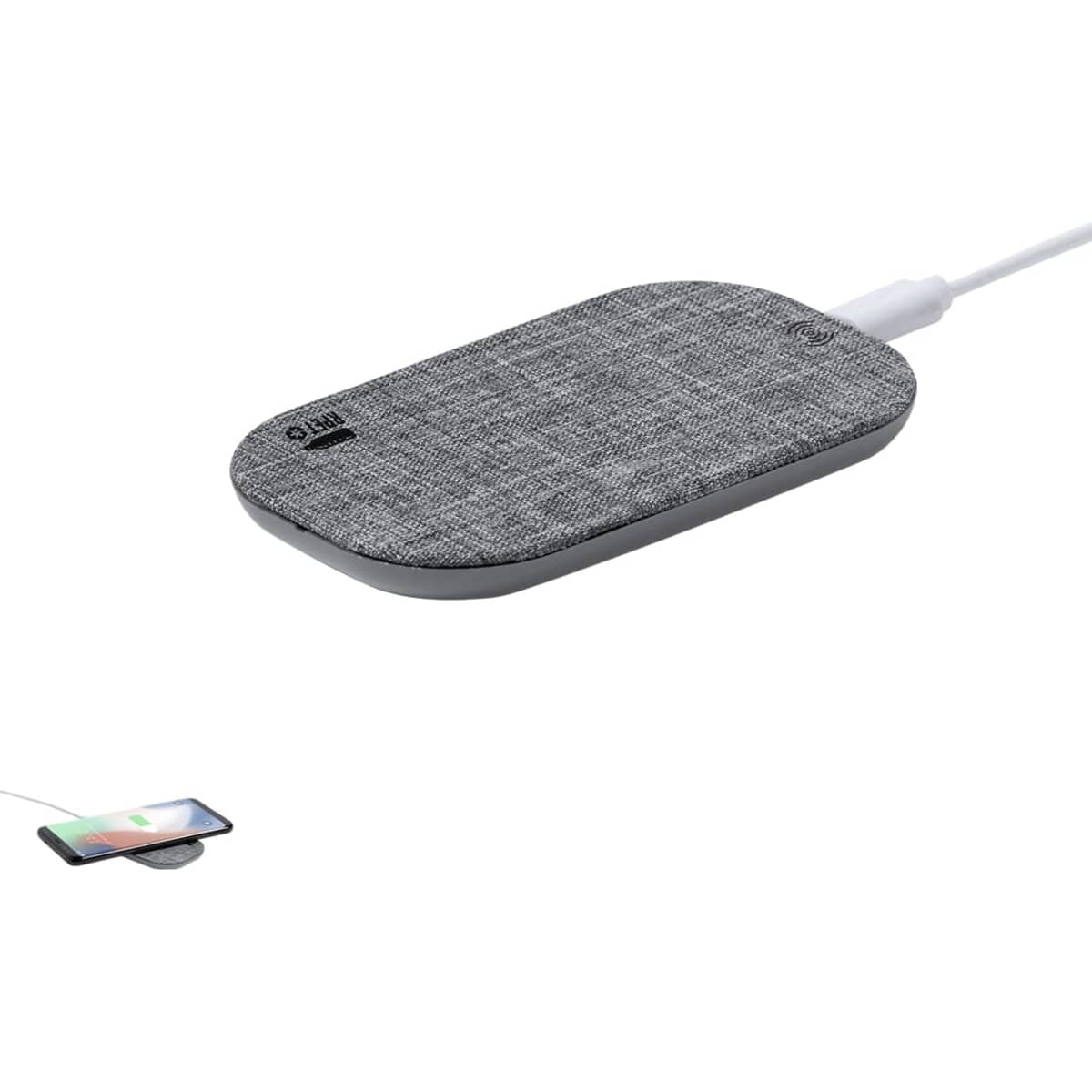A wireless charger in grey fabric with a sleek design, featuring a branding logo on its surface.