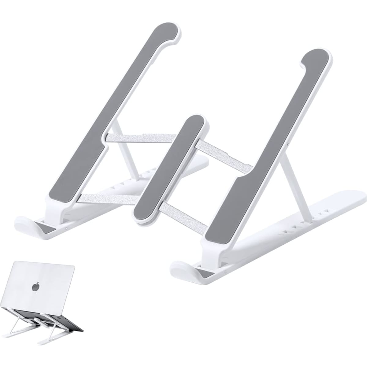 A laptop stand in white and grey, featuring adjustable height and grip pads, with a compact design for storage.
