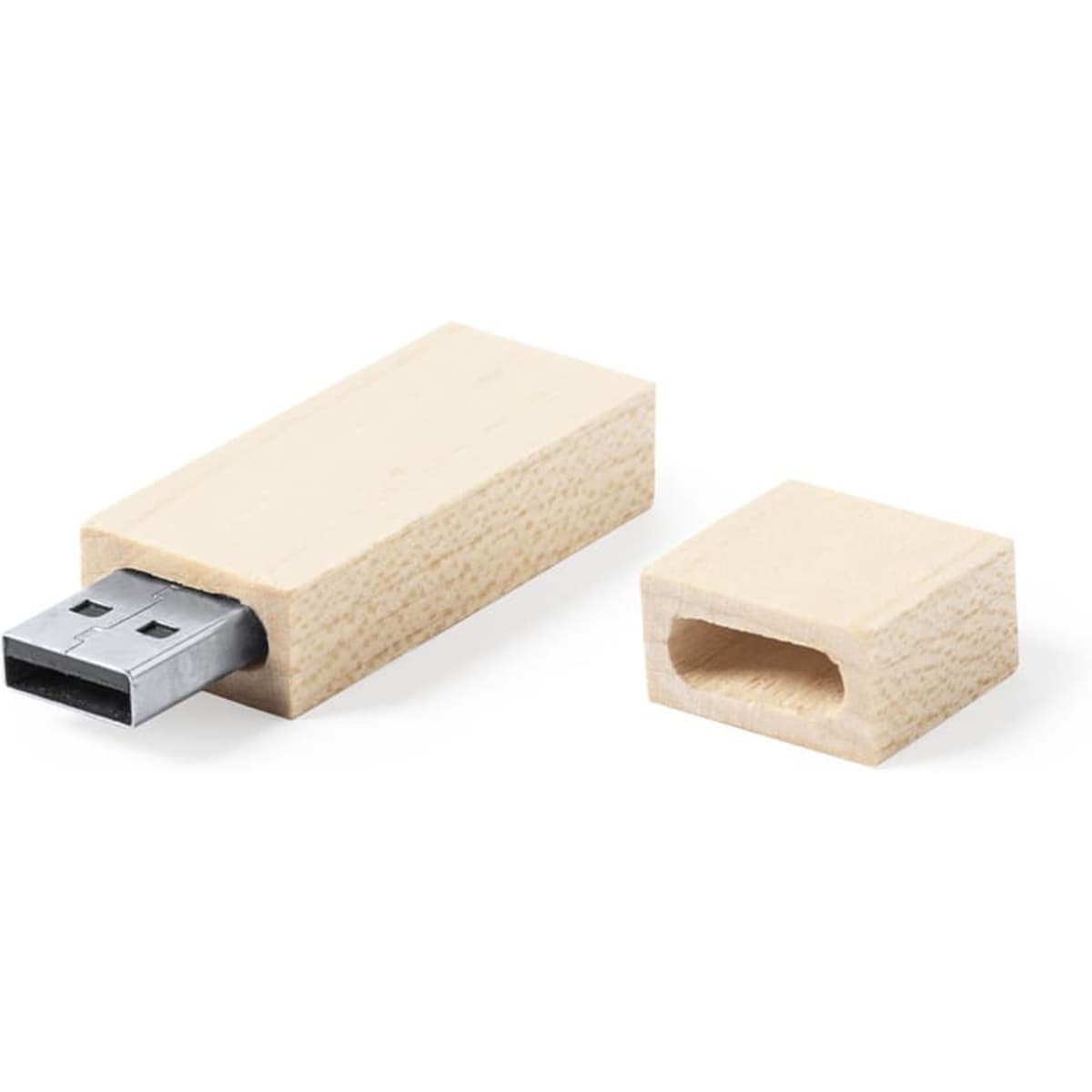 A wooden USB drive with a detachable cap in a light, natural wood colour. It features a logo on the side.
