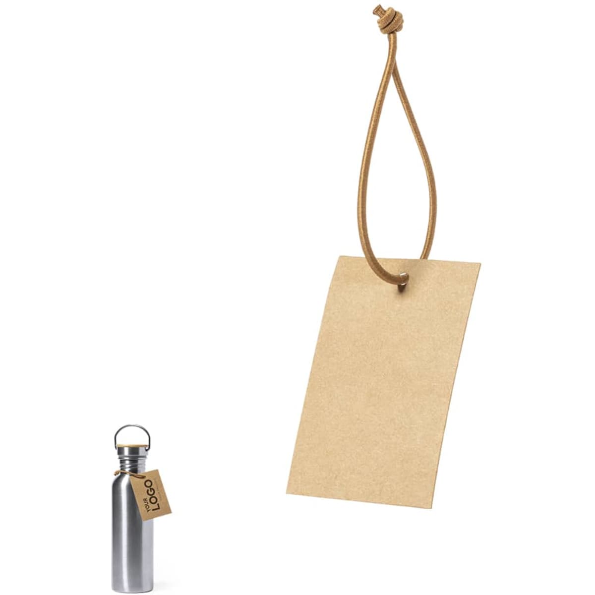 A metallic silver drink bottle with a brown kraft tag hanging from a tan cord, featuring a logo.